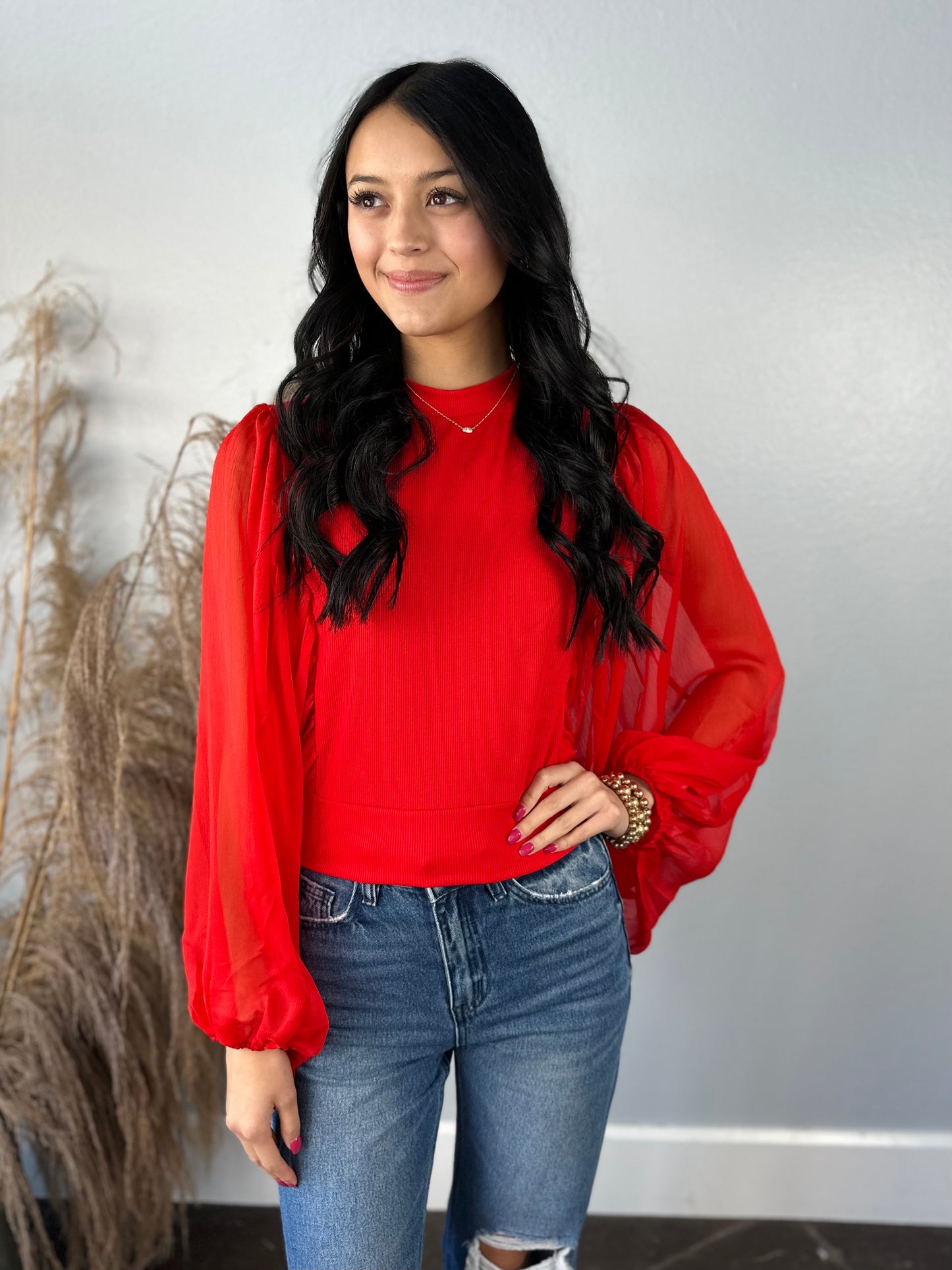 RED SHEER SLEEVE TOP