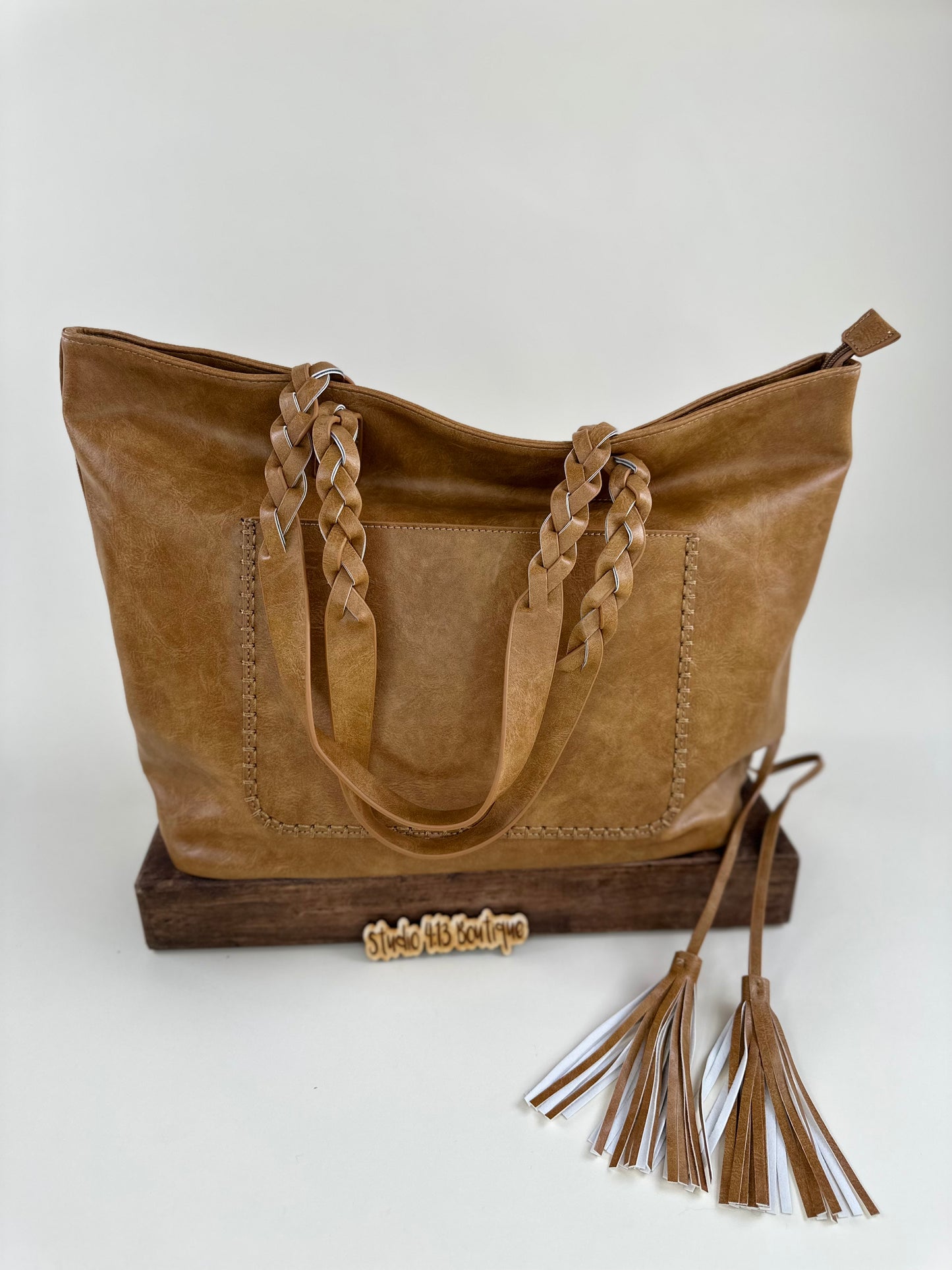 TAN BRAIDED HANDLE LARGE PURSE