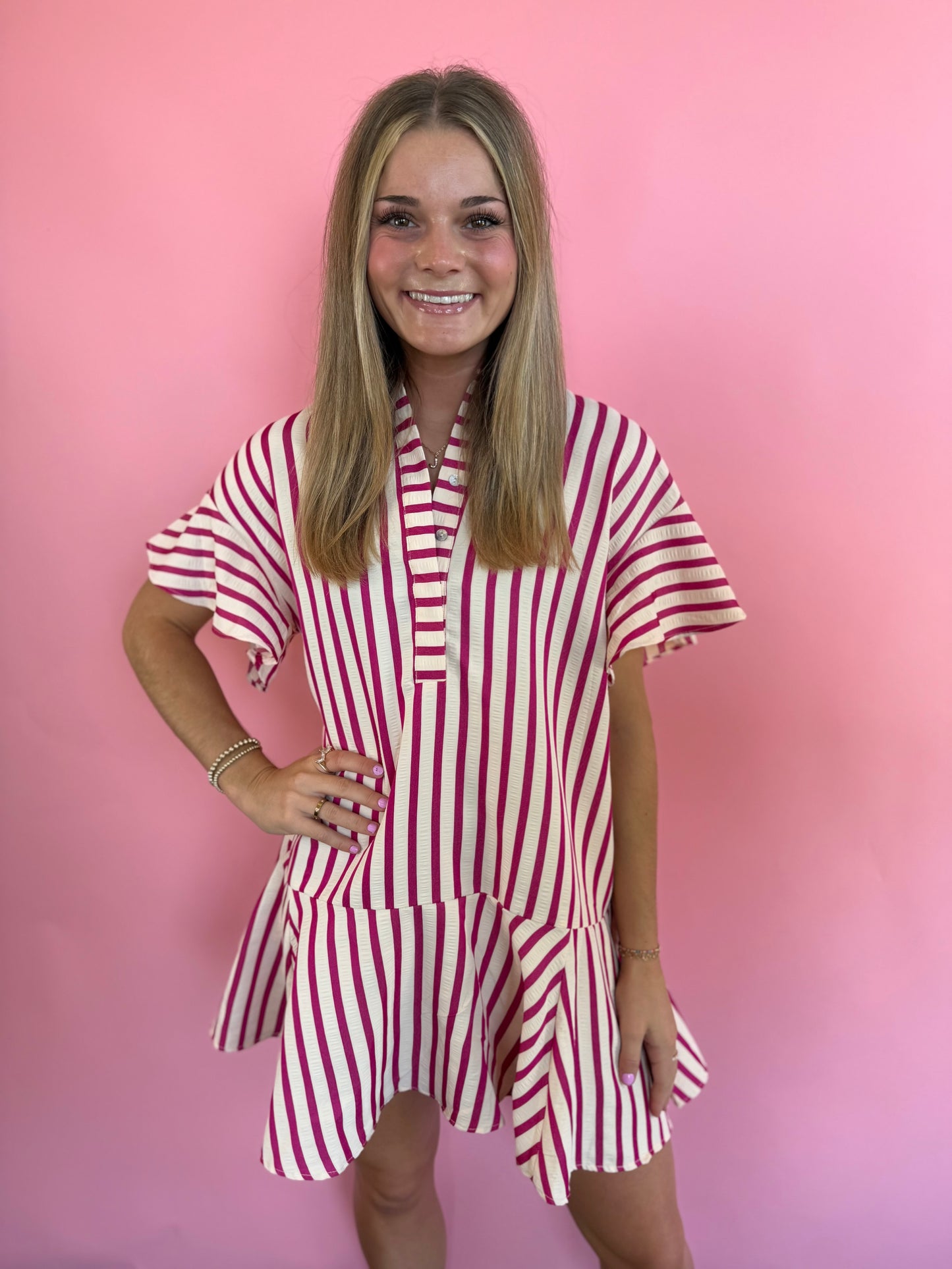 STRIPED HOT PINK BUTTON-UP DRESS