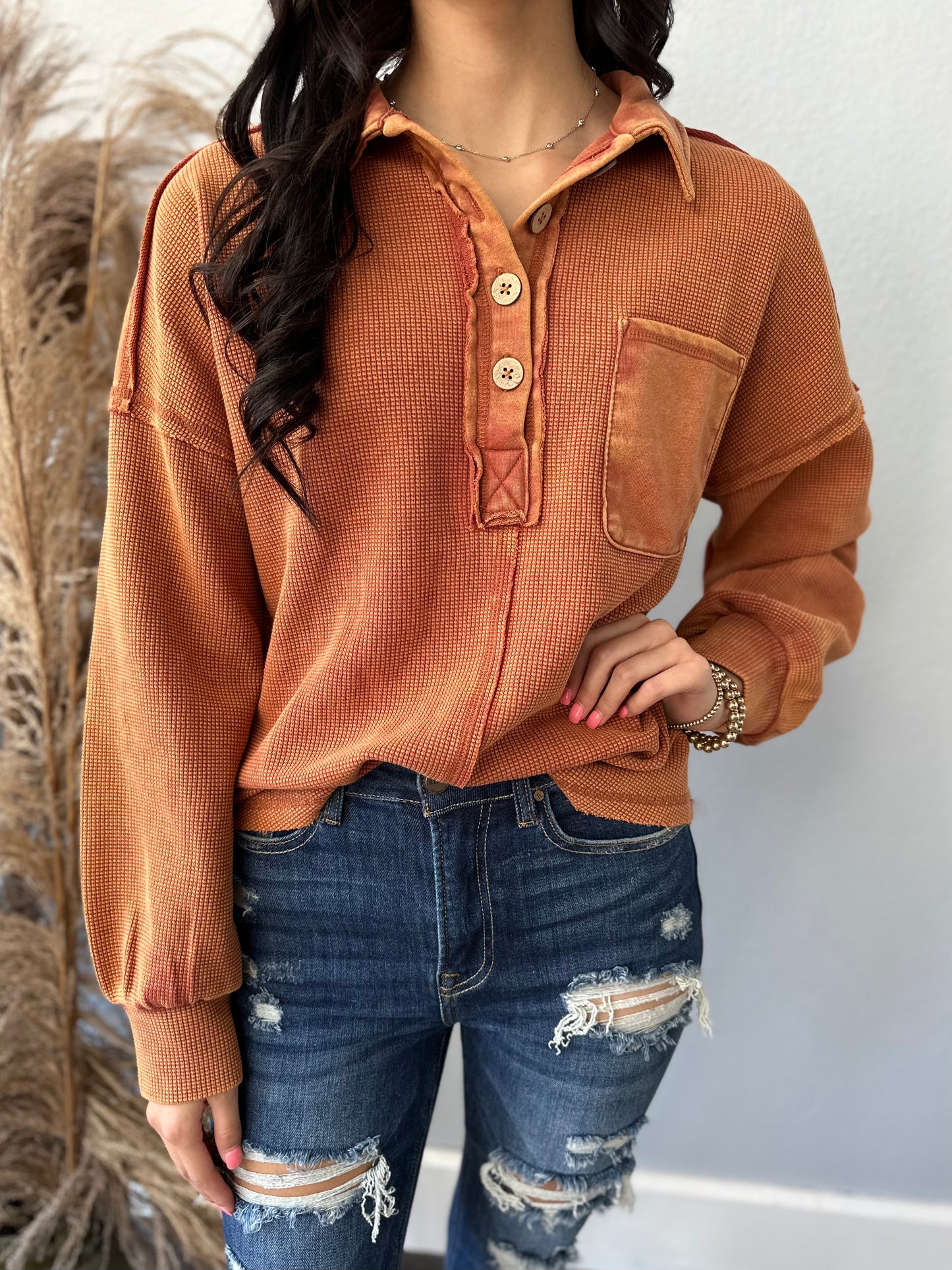 RUST L/S WAFFLE TOP