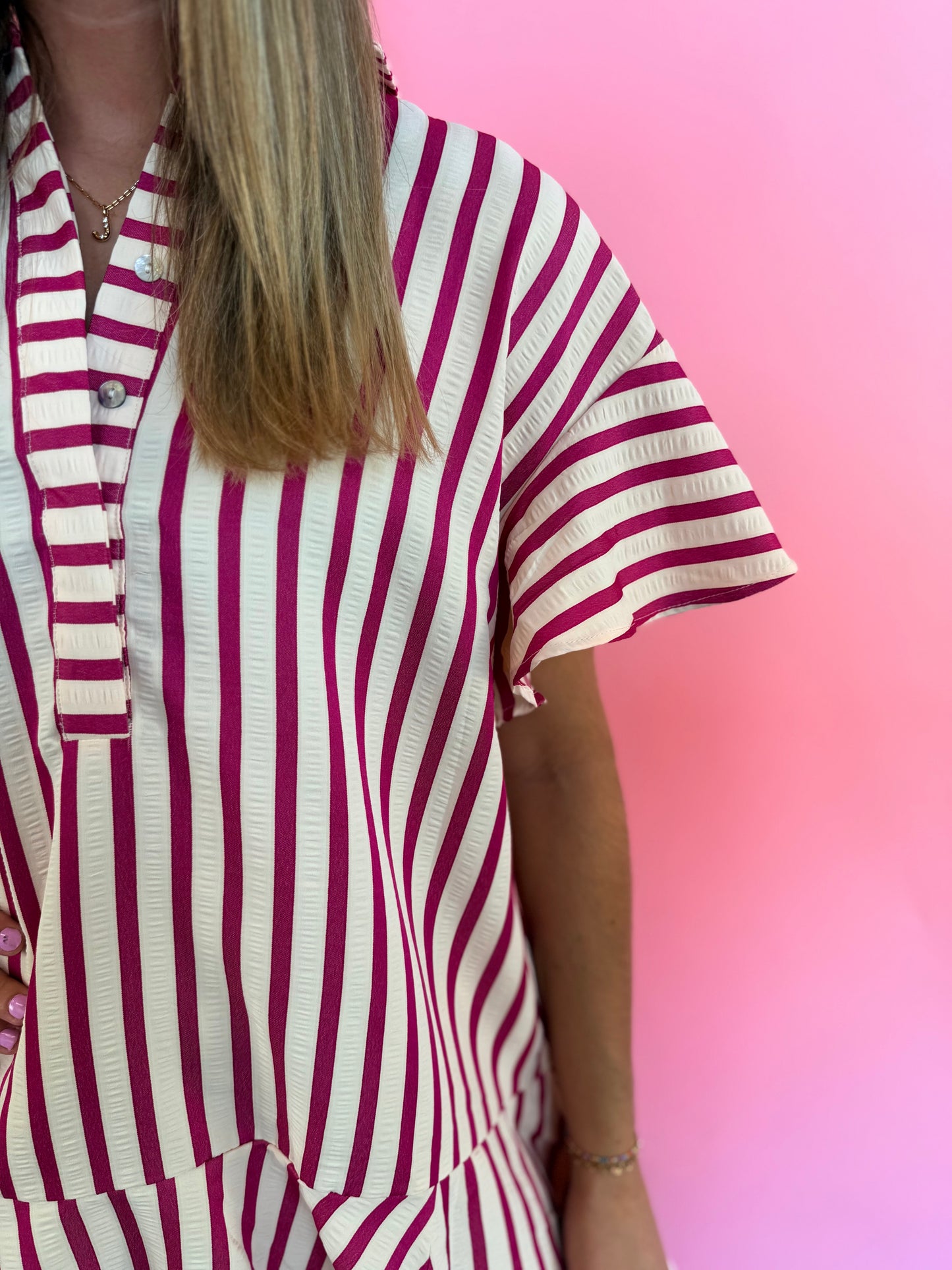 STRIPED HOT PINK BUTTON-UP DRESS