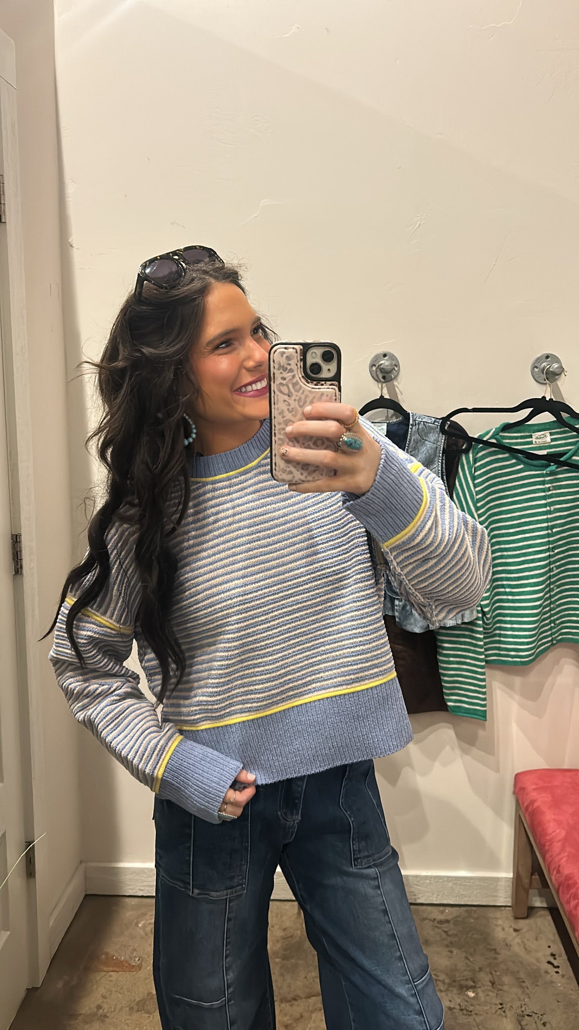 BLUE STRIPED CHENILLE SWEATER