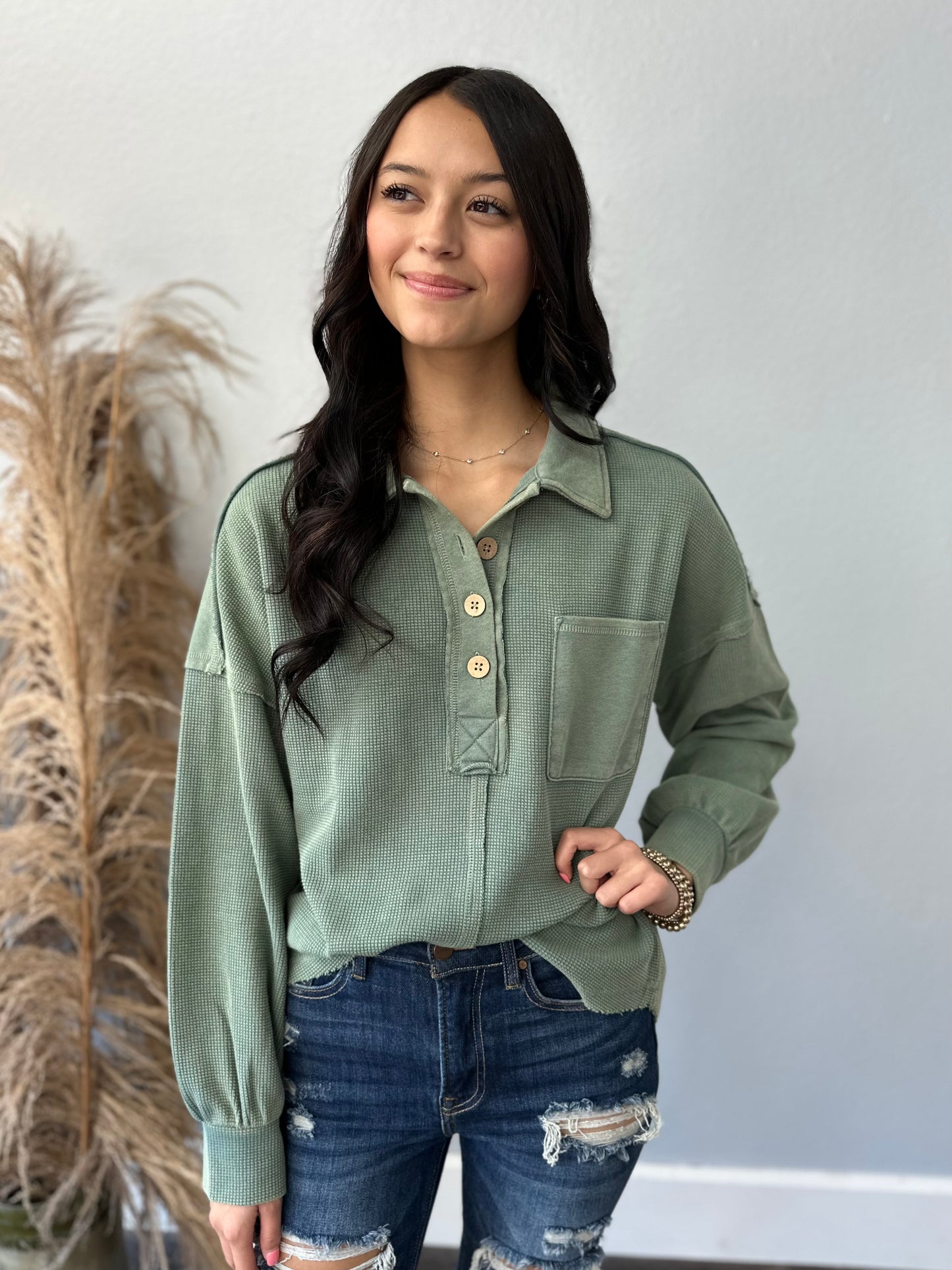 SAGE L/S WAFFLE TOP