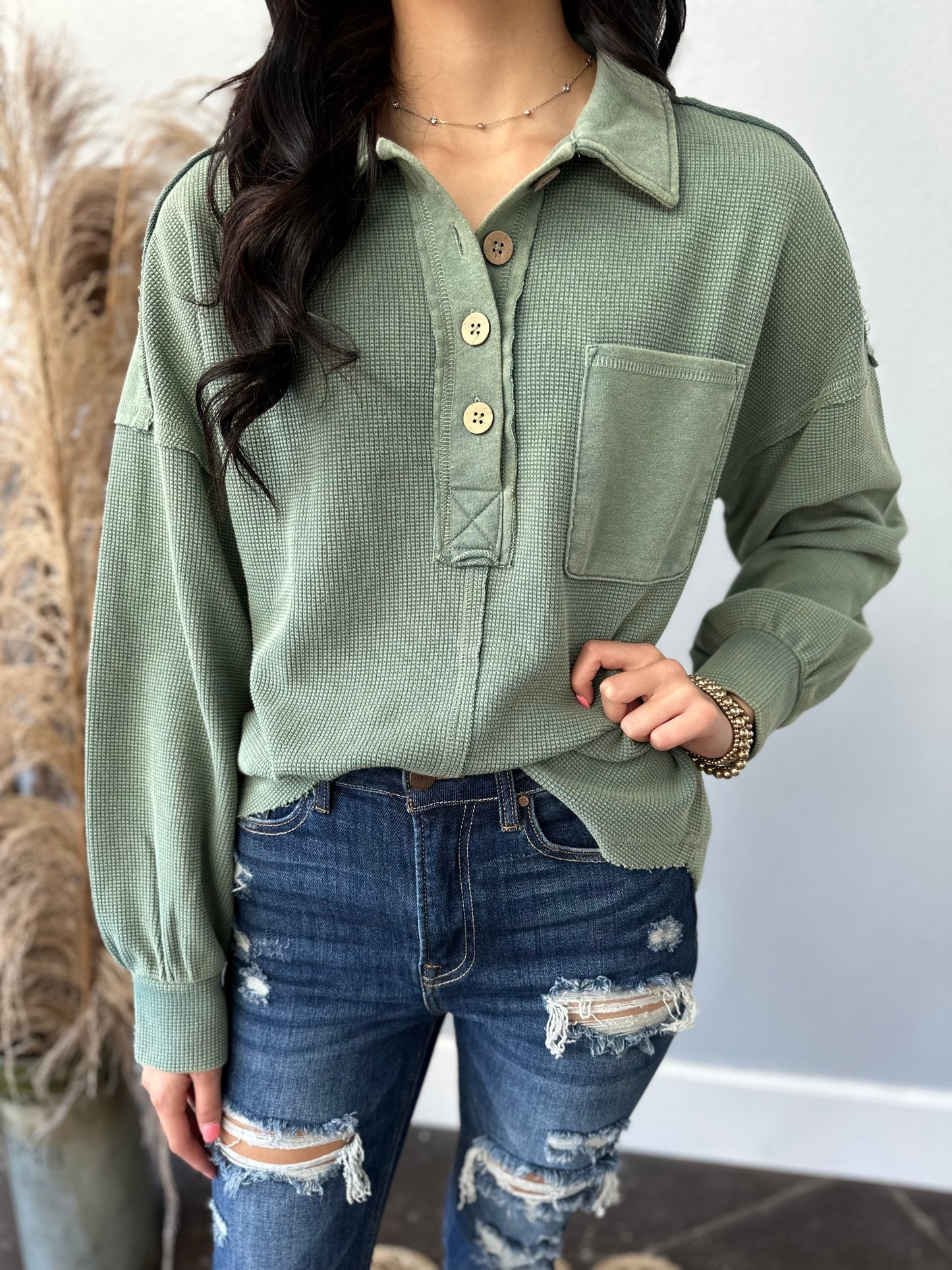 SAGE L/S WAFFLE TOP