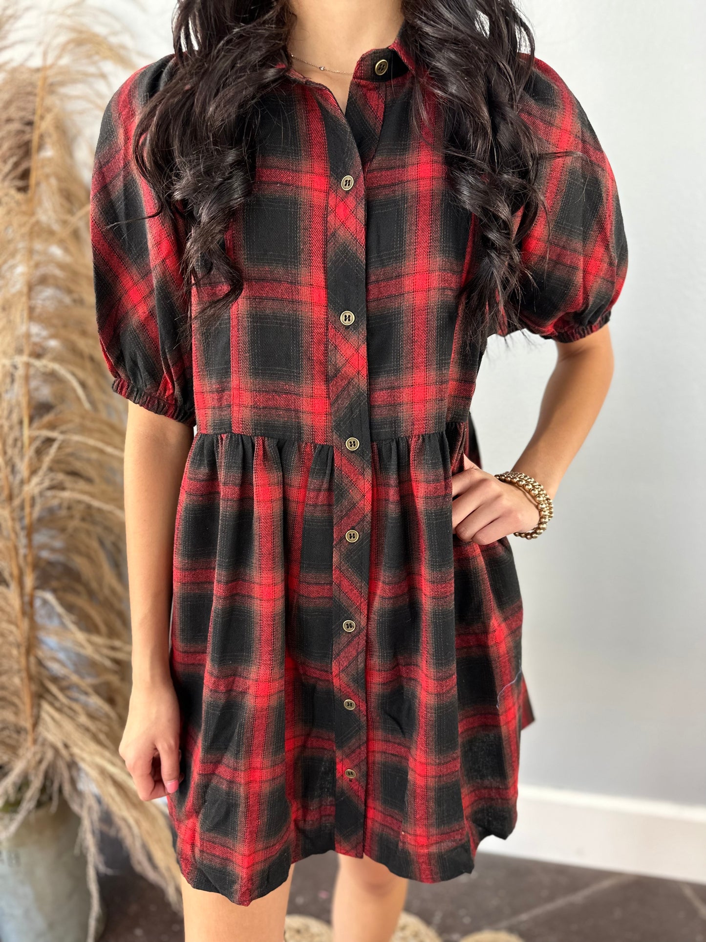 RED PLAID PUFF SLEEVE DRESS