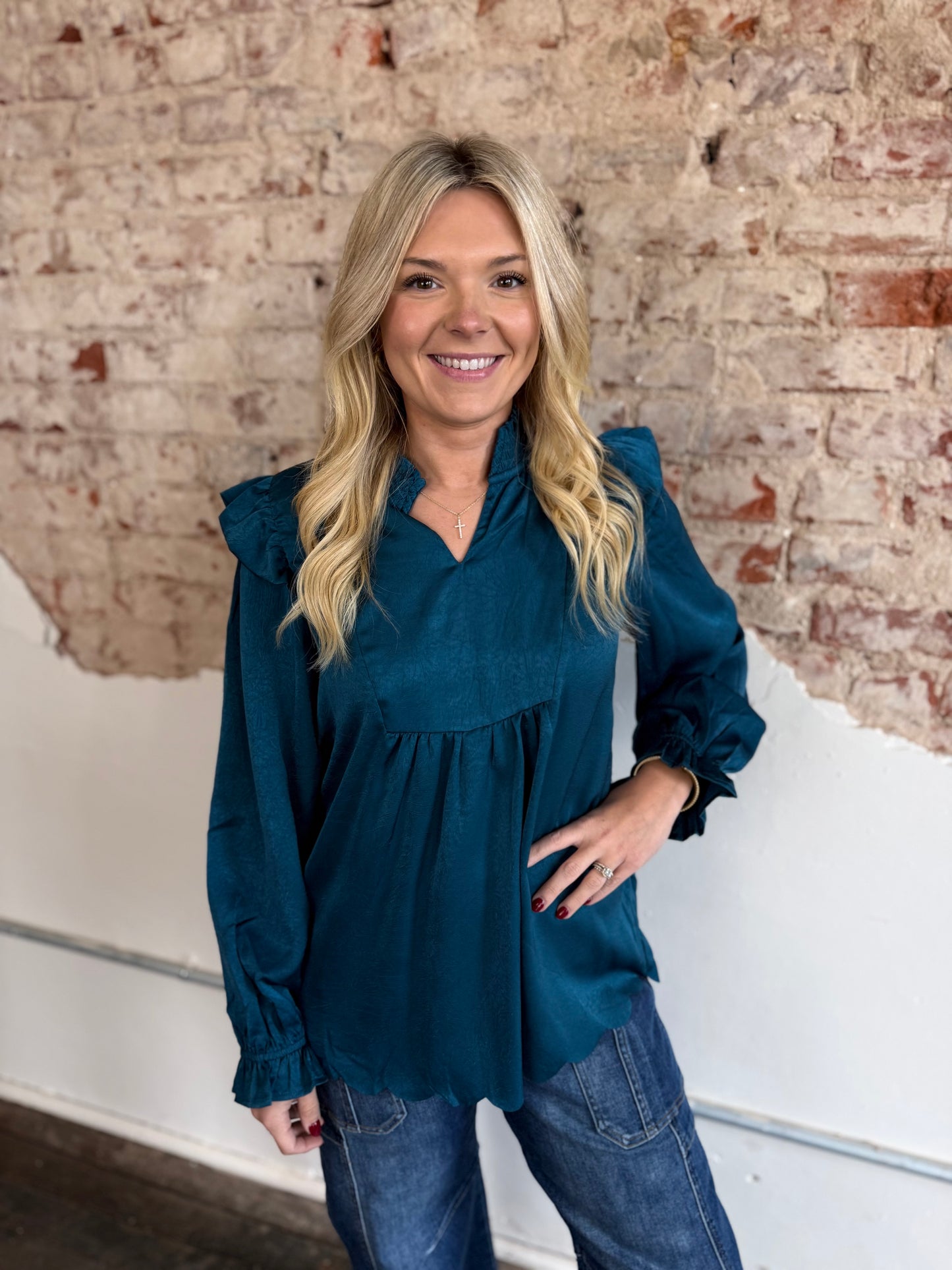 TEAL L/S CRINKLE SATIN FEELS TOP