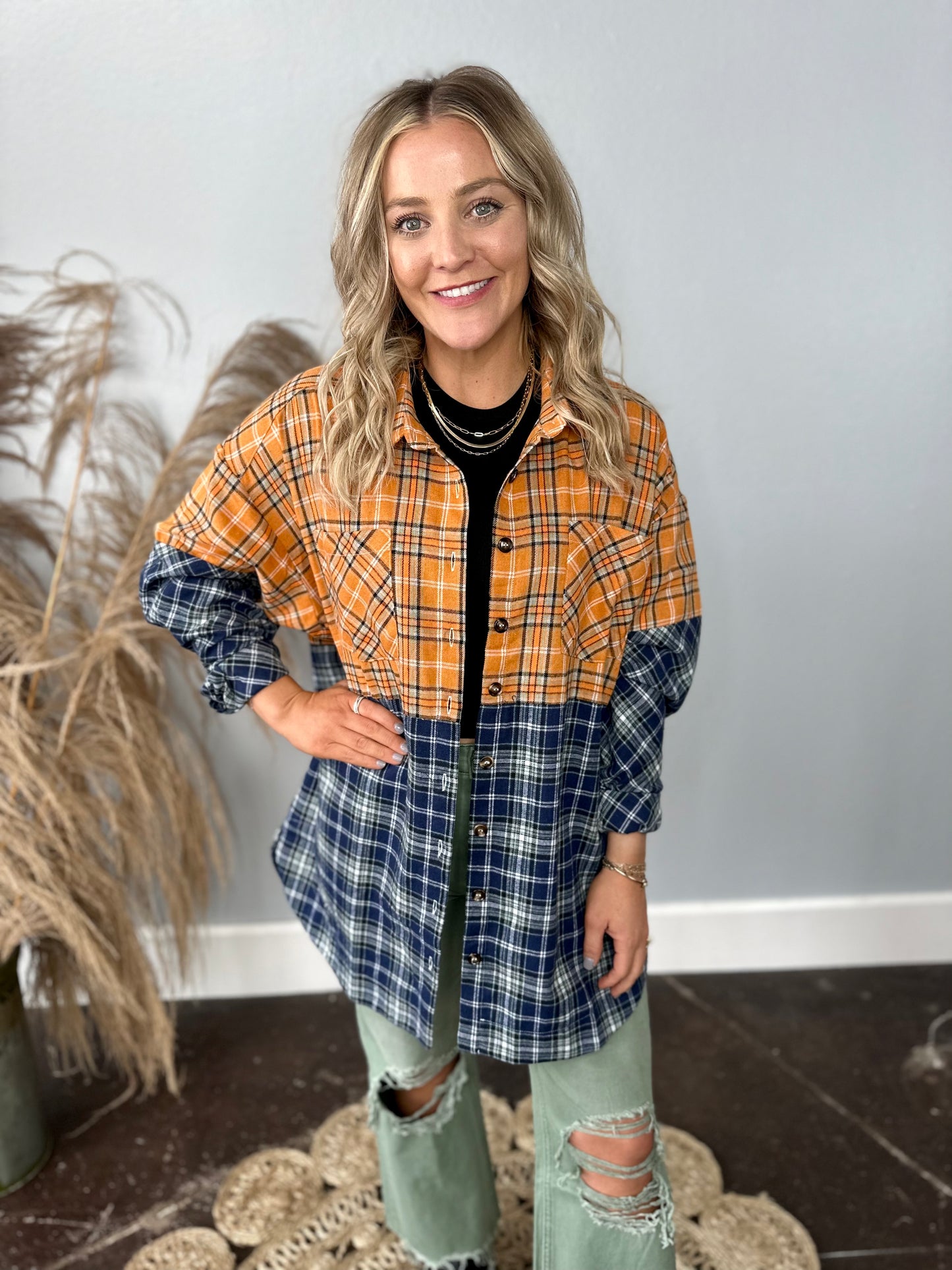 NAVY & ORANGE OVERSIZED PLAID TOP