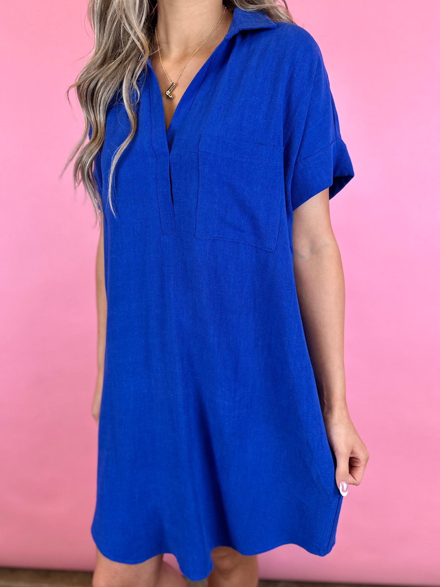 ROYAL BLUE LINEN SHIRT DRESS