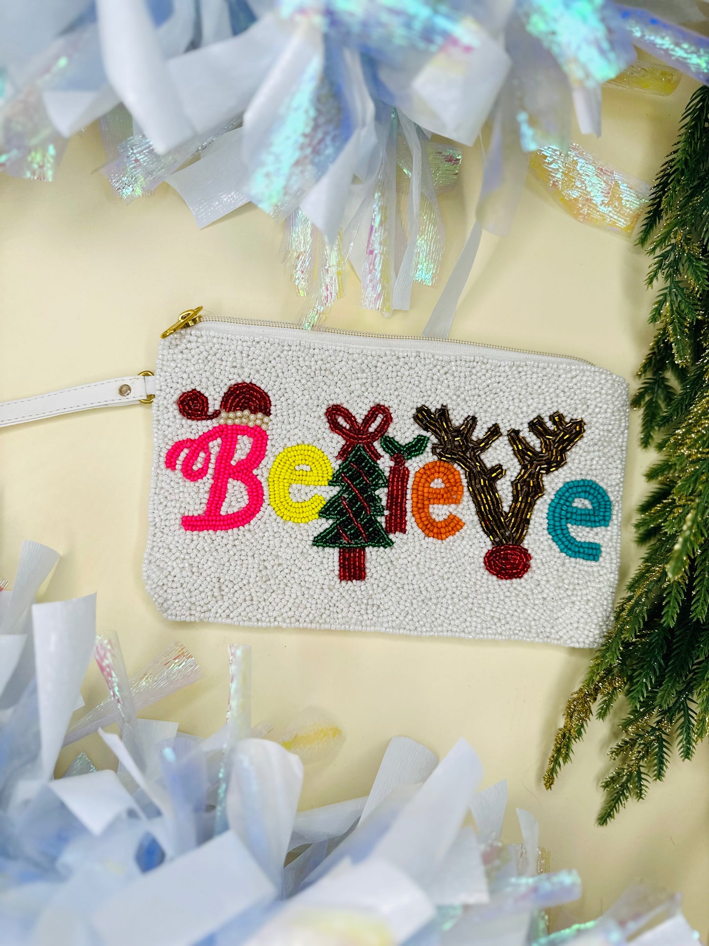 BELIEVE BEADED WRISTLET PURSE