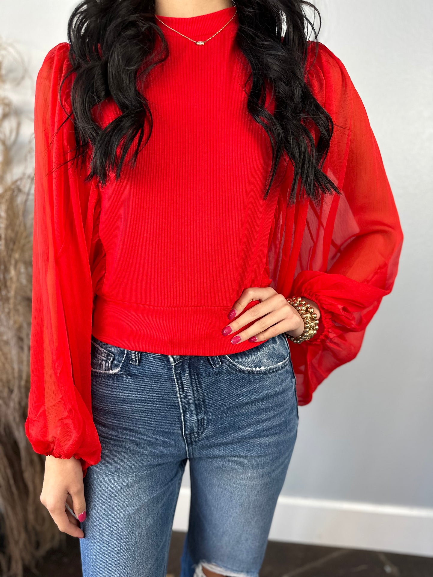 RED SHEER SLEEVE TOP