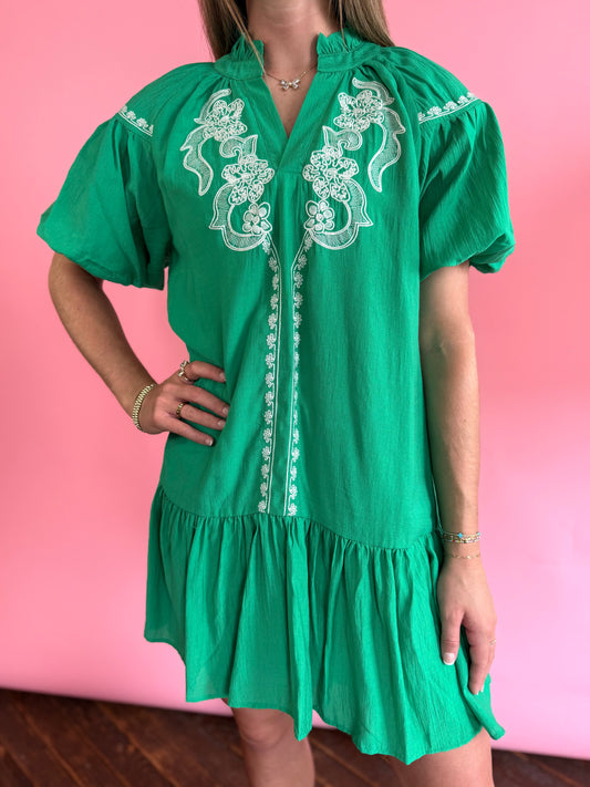 KELLY GREEN EMROIDERED DRESS