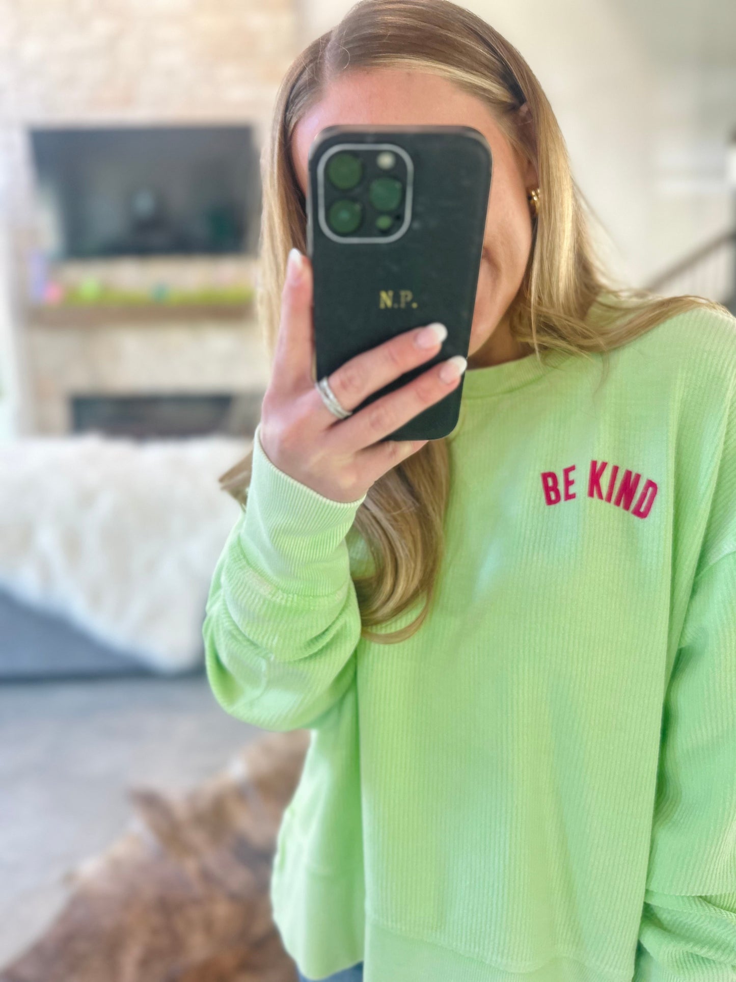BE KIND LIME GREEN CORDED CREW