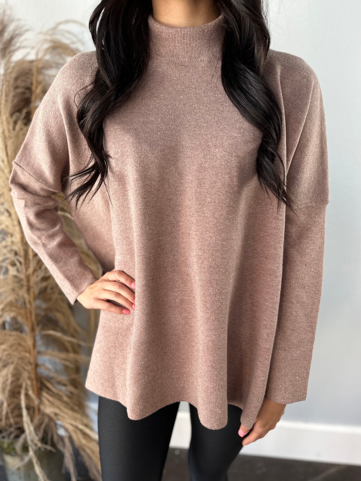 LATTE CASHMERE FEELS SWEATER W/ SIDE SLITS