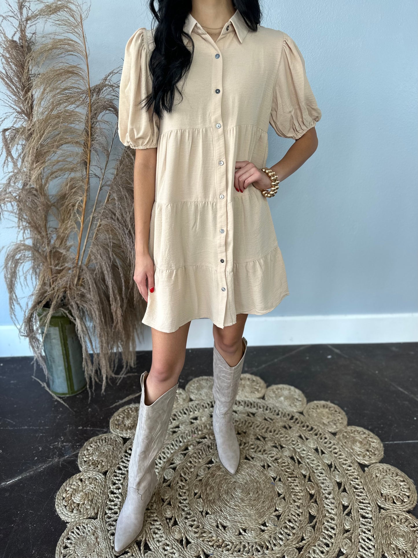 TAN TIERED BUTTON FRONT DRESS