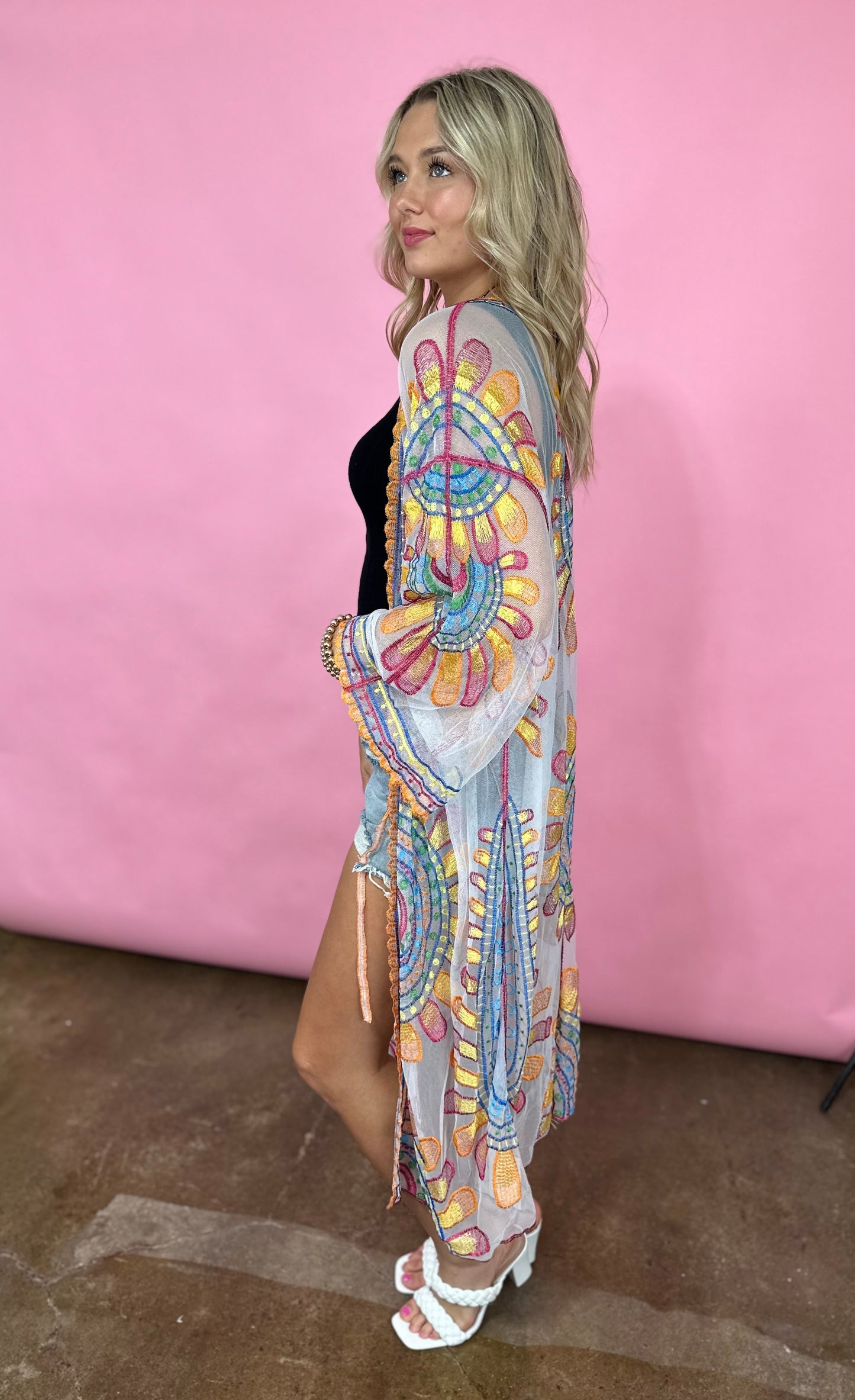 ONE SIZE MESH FLORAL EMBROIDERED KIMONO