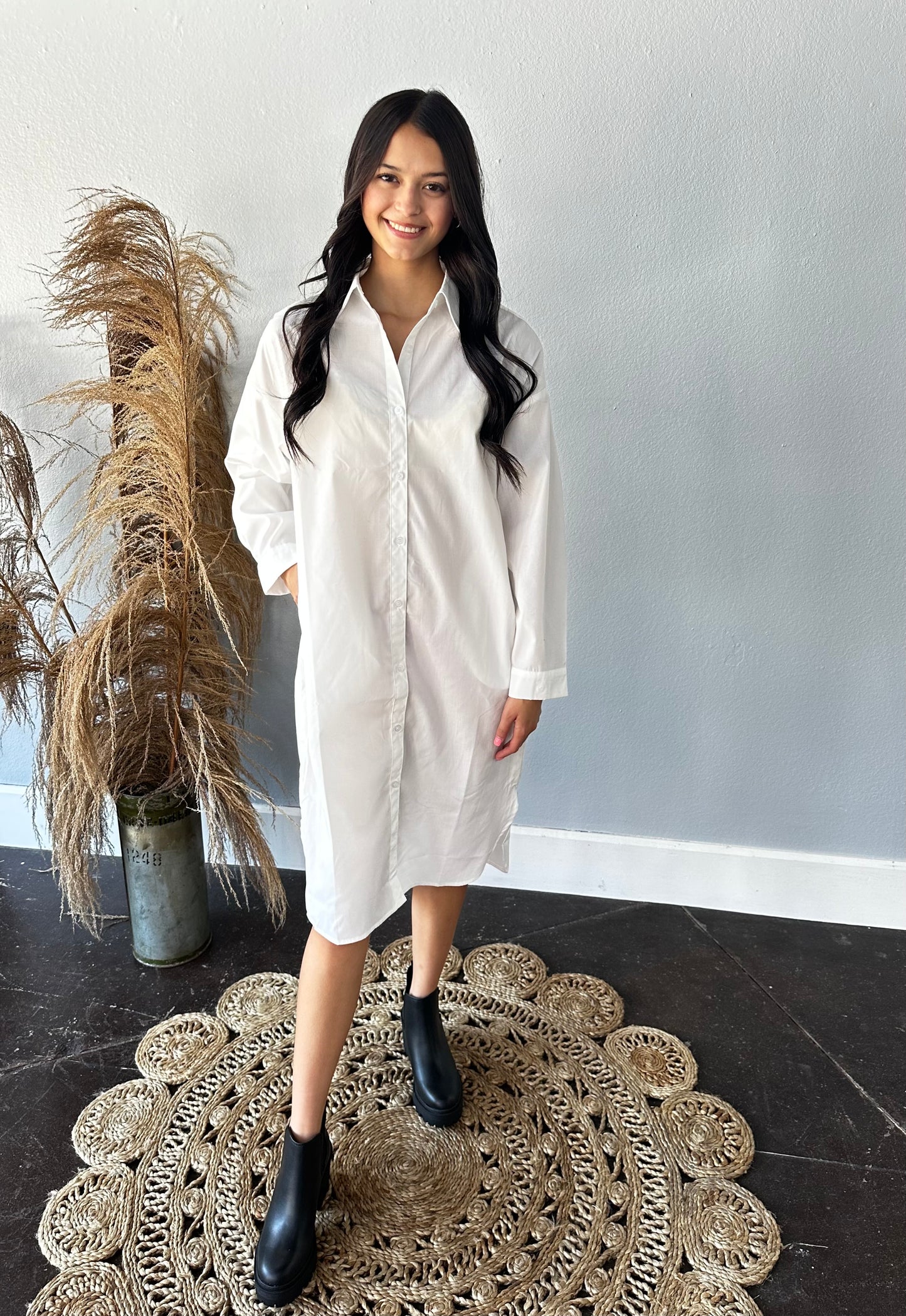 WHITE L/S BUTTONUP DRESS