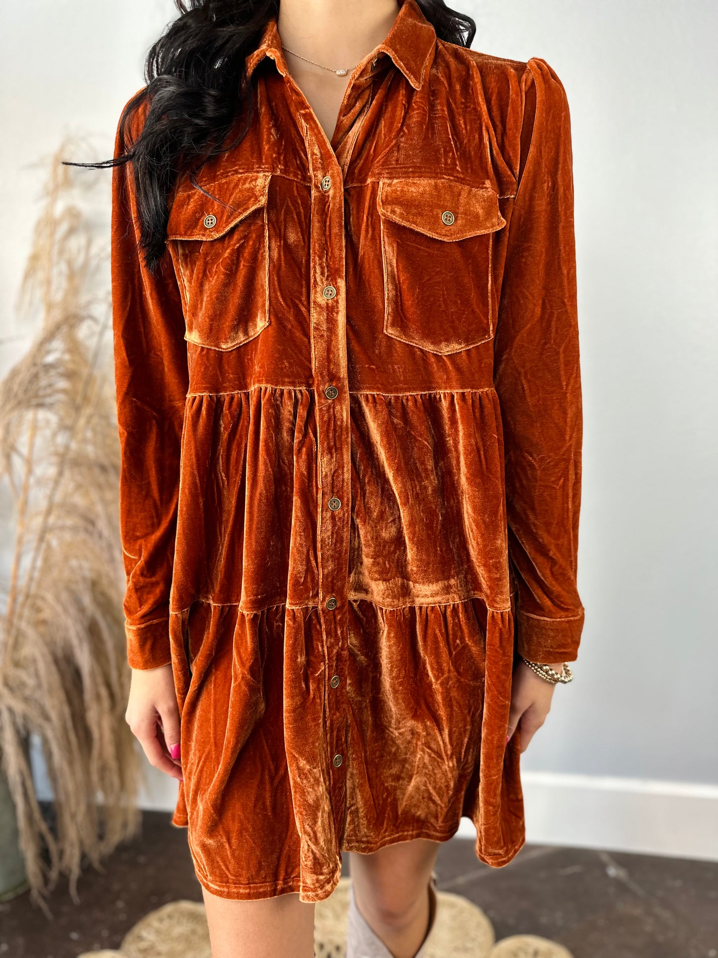 COPPER VELVET TIERED DRESS
