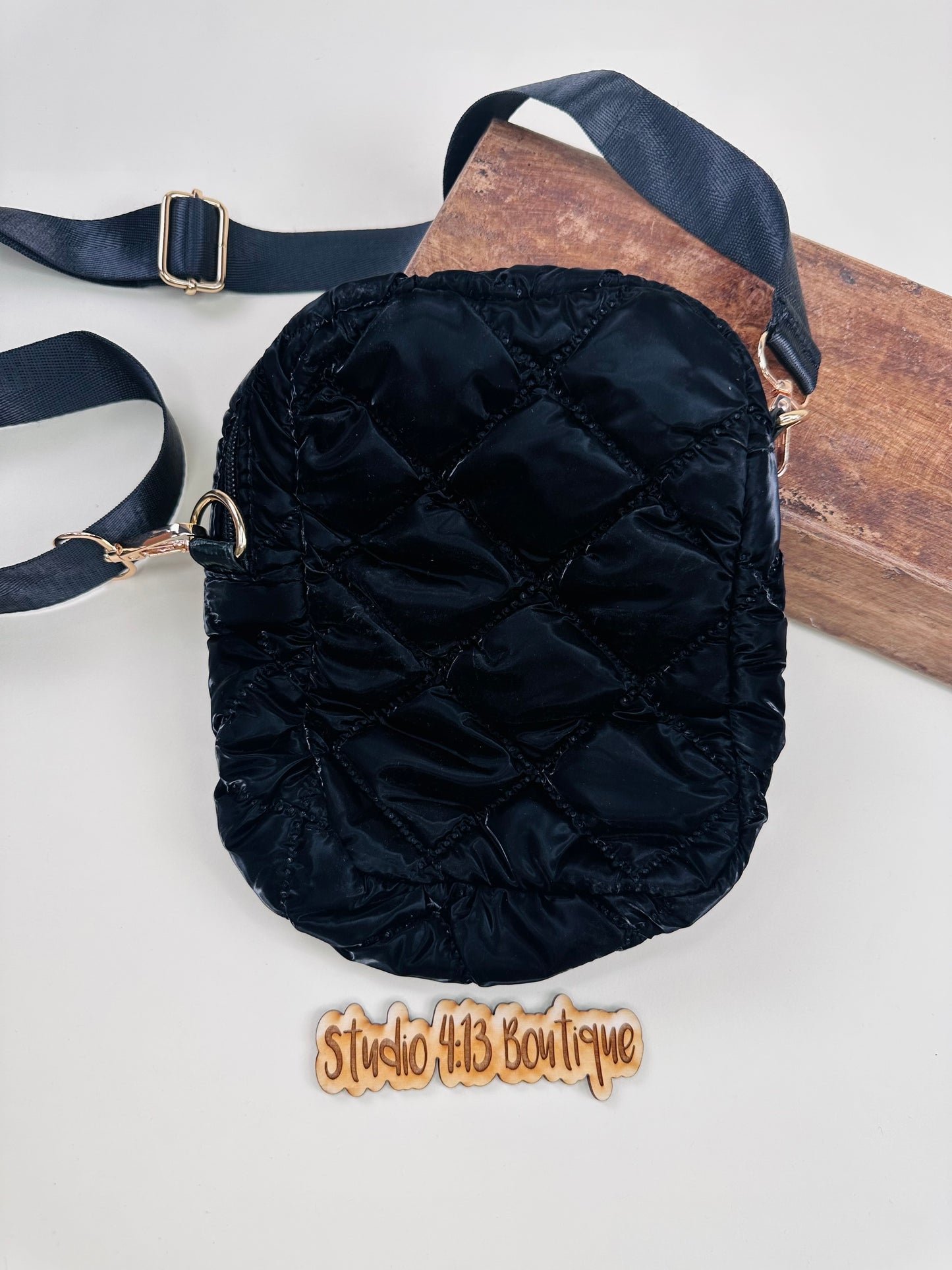 BLACK PUFFER CROSSBODY PURSE