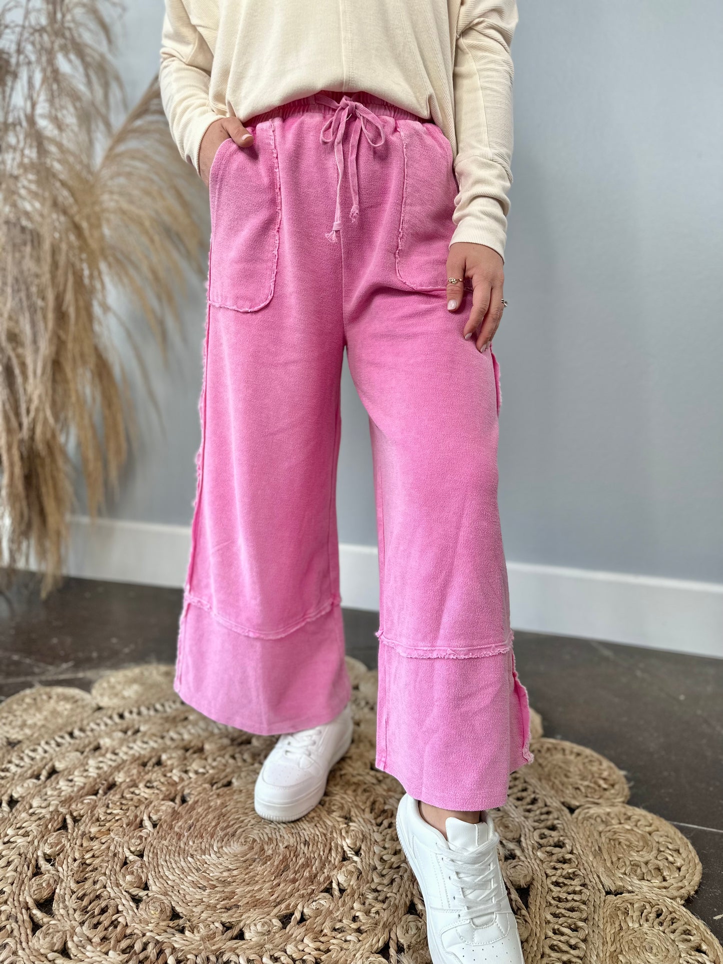 PINK RAW MINERAL WASH WIDE LEG PANTS