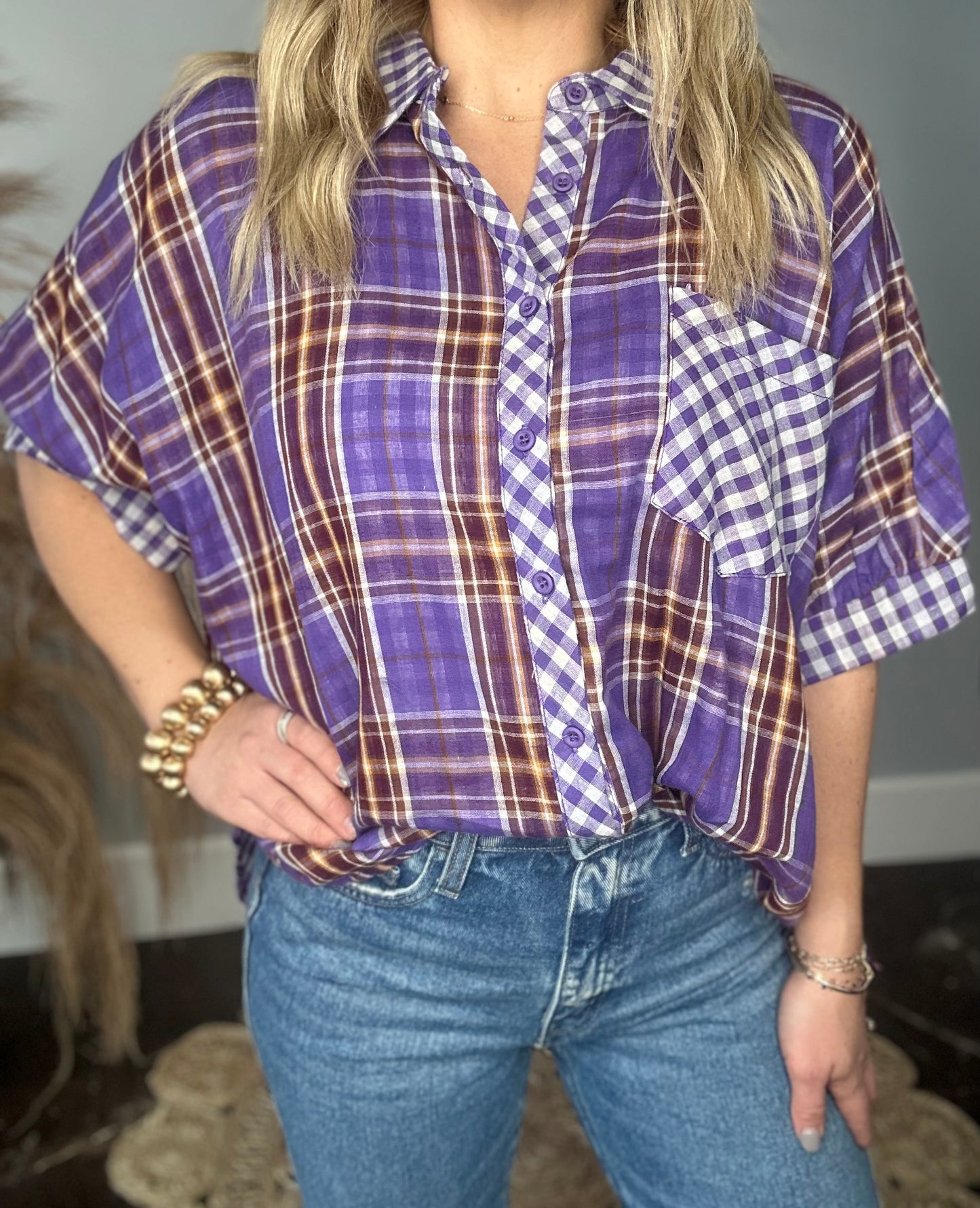 PURPLE PLAID CHECKED ESSENTIAL TOP