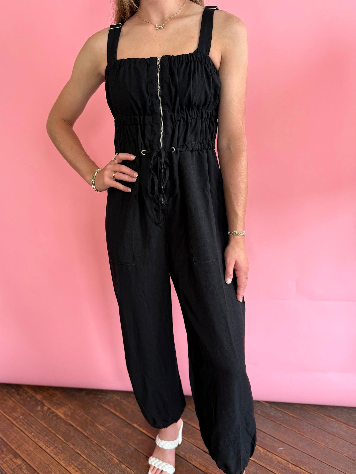 BLACK ZIP UP JUMPSUIT