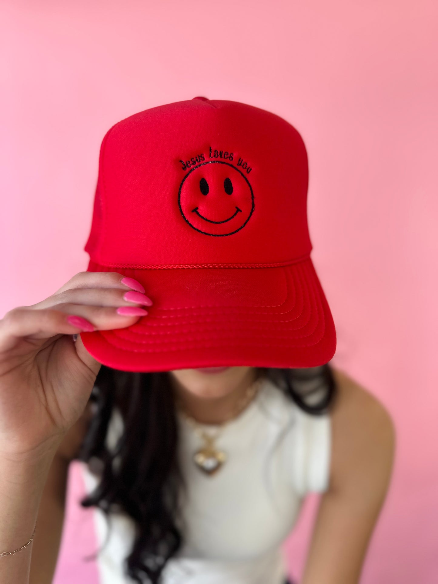 RED JESUS LOVES YOU YOUTH TRUCKER HAT