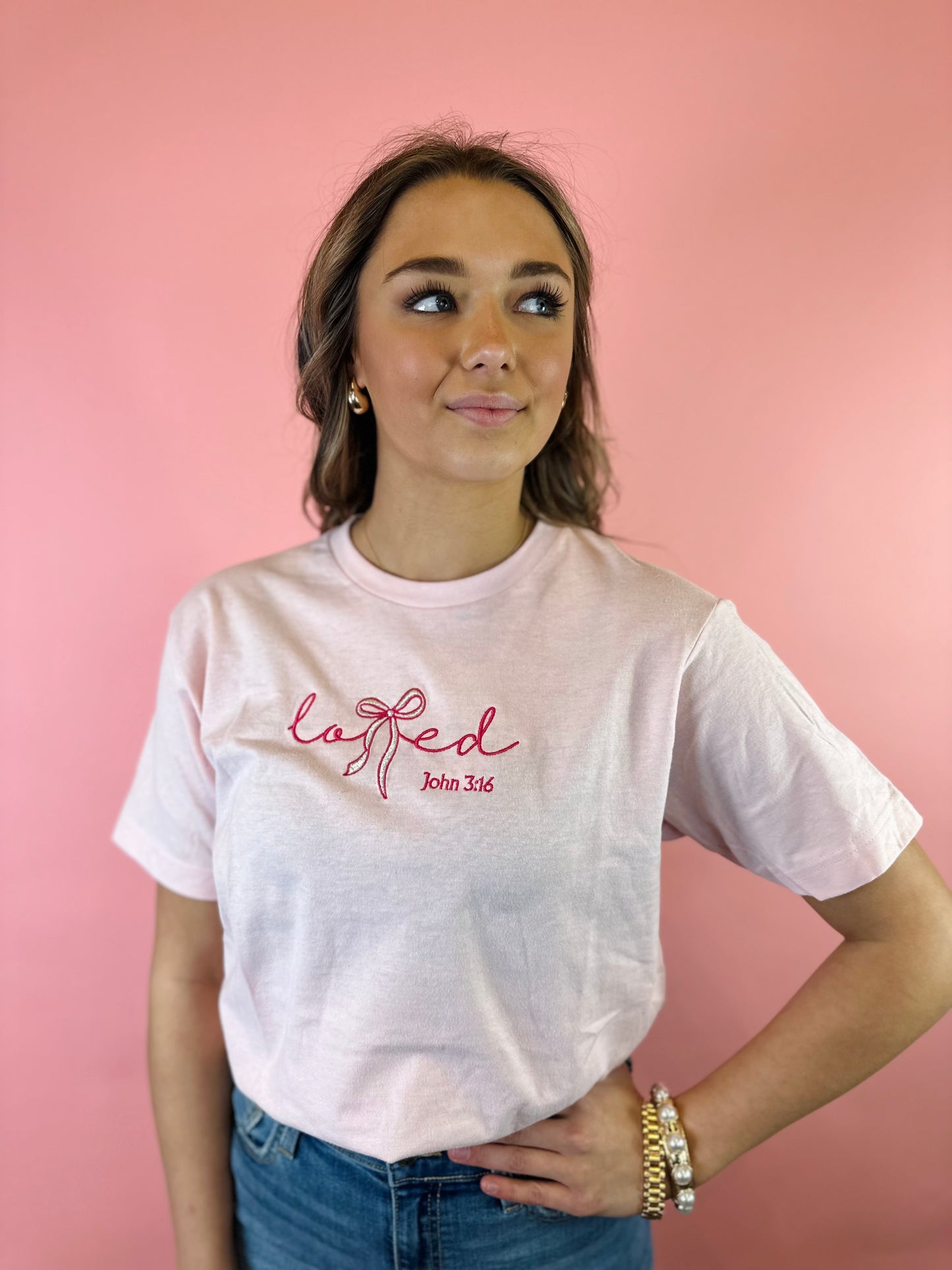 PINK LOVED EMBROIDERED TEE