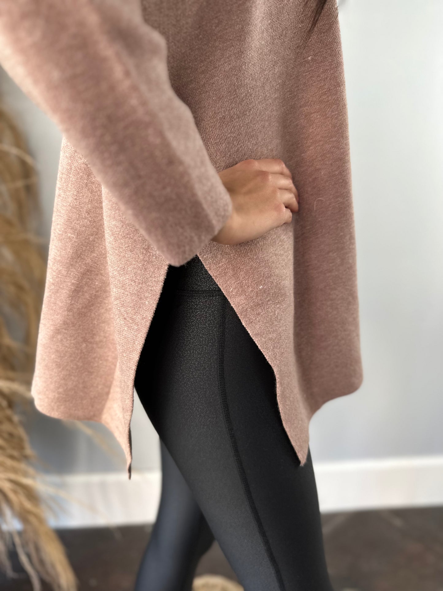 LATTE CASHMERE FEELS SWEATER W/ SIDE SLITS