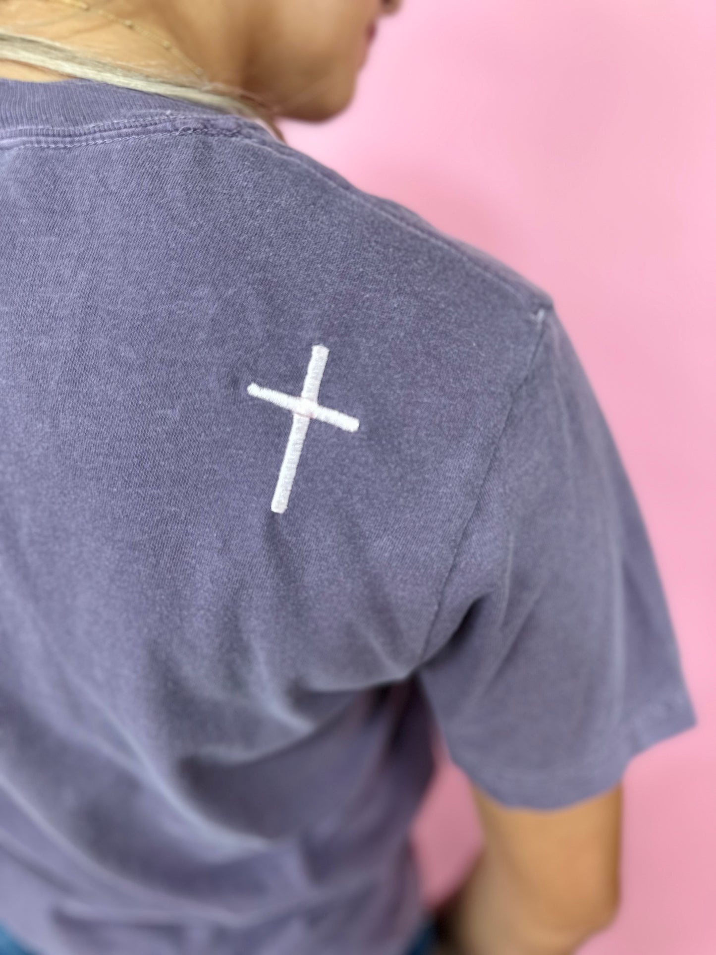 PURPLE GOD IS GOOD CROSS TEE