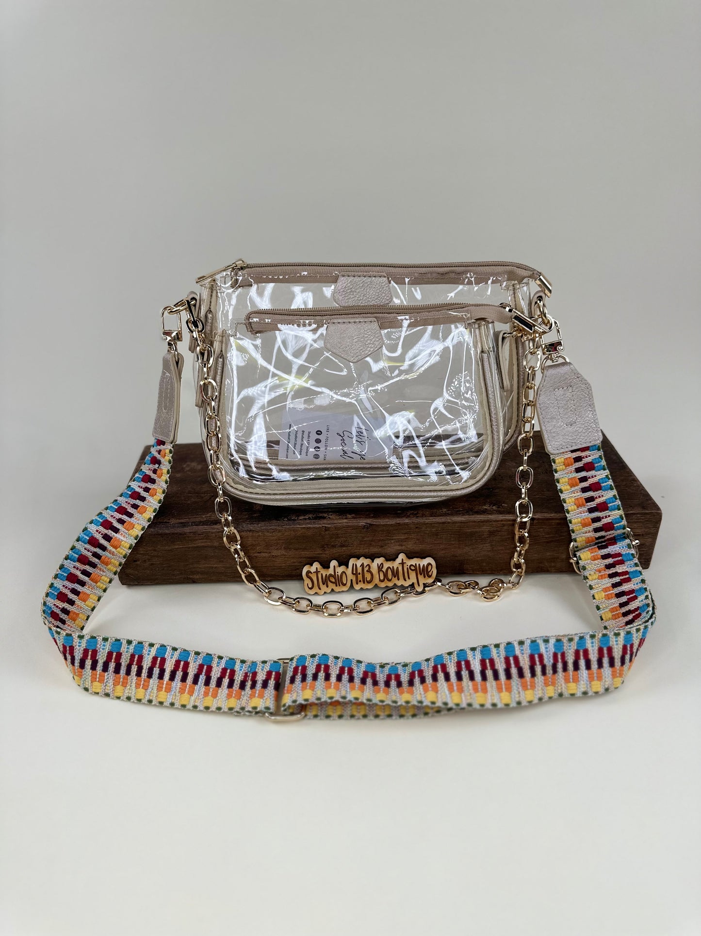 CLEAR/CREAM DOUBLE PURSE W/GUITAR STRAP