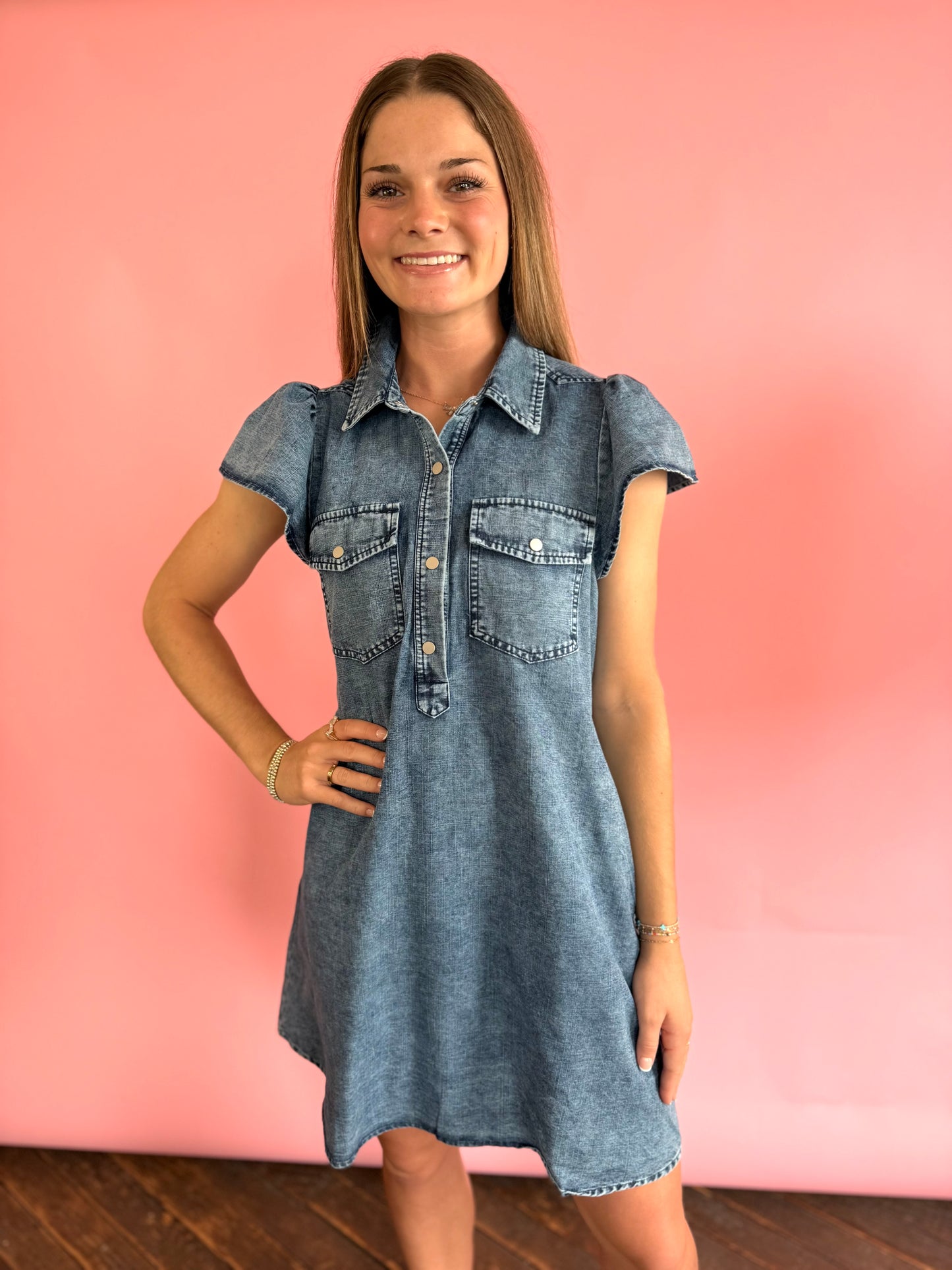 DENIM RUFFLE DETAIL DRESS
