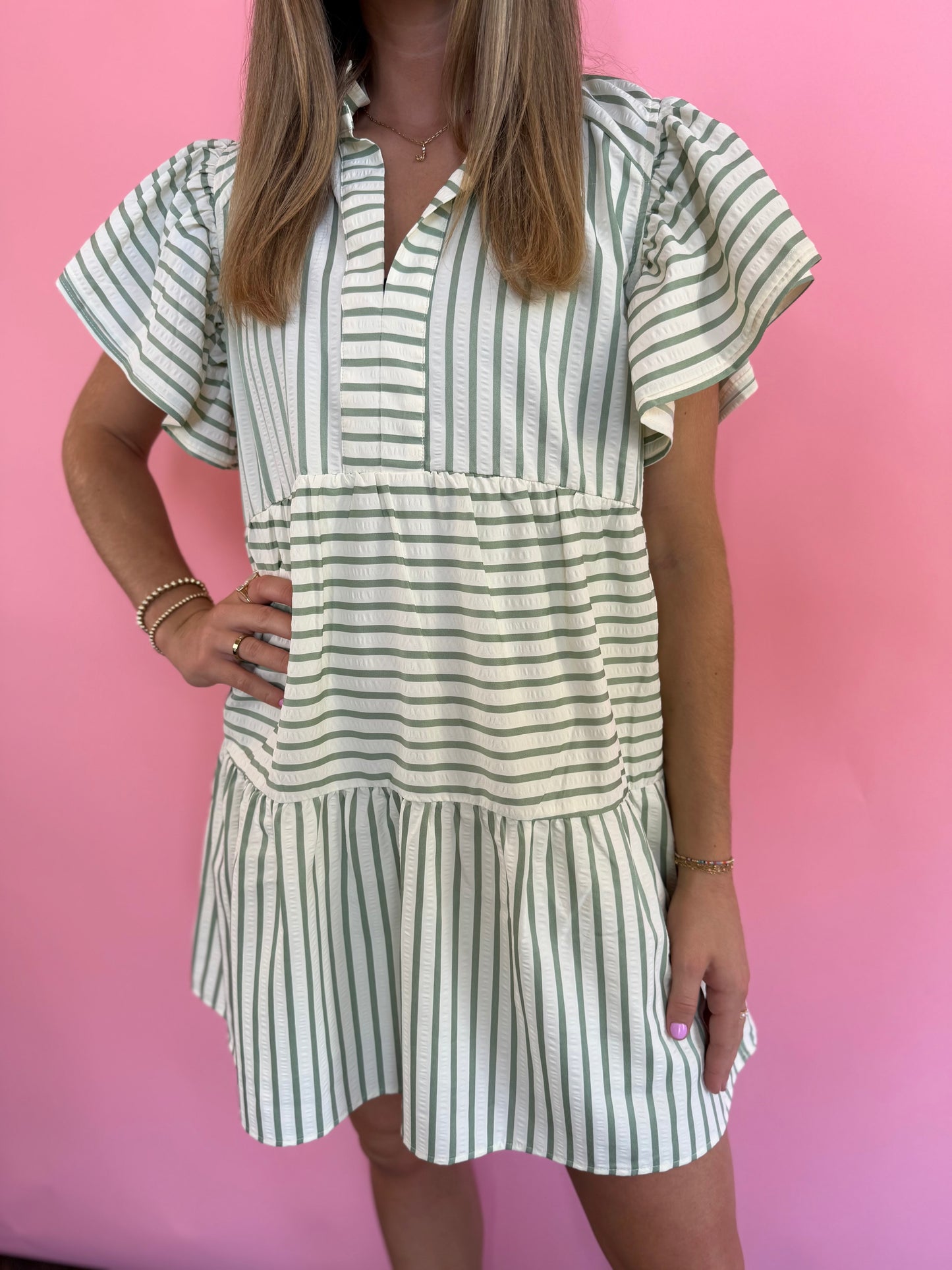 STRIPED GREEN BUTTON-UP DRESS