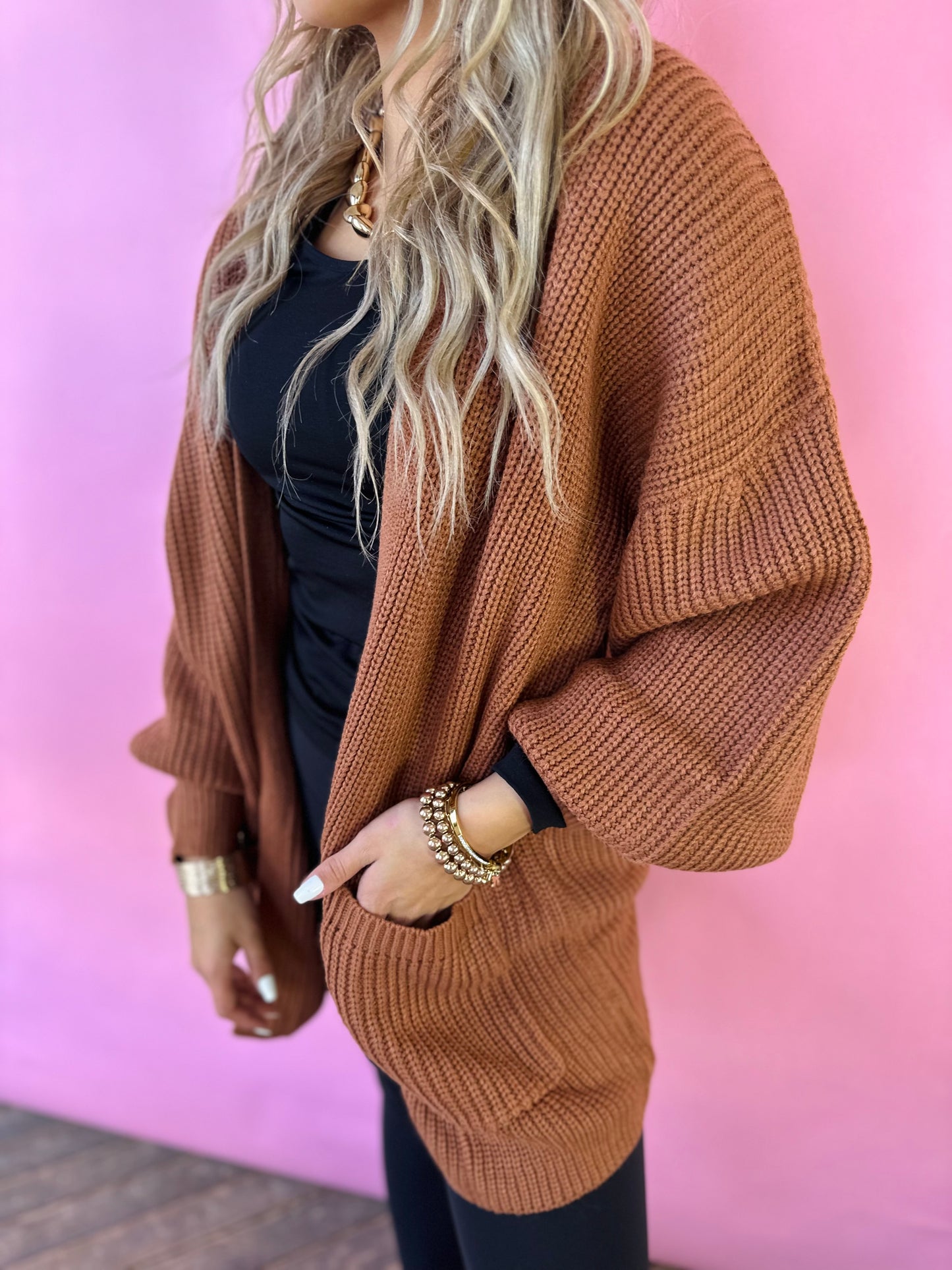 CAMEL RIBBED CARDIGAN W/POCKETS