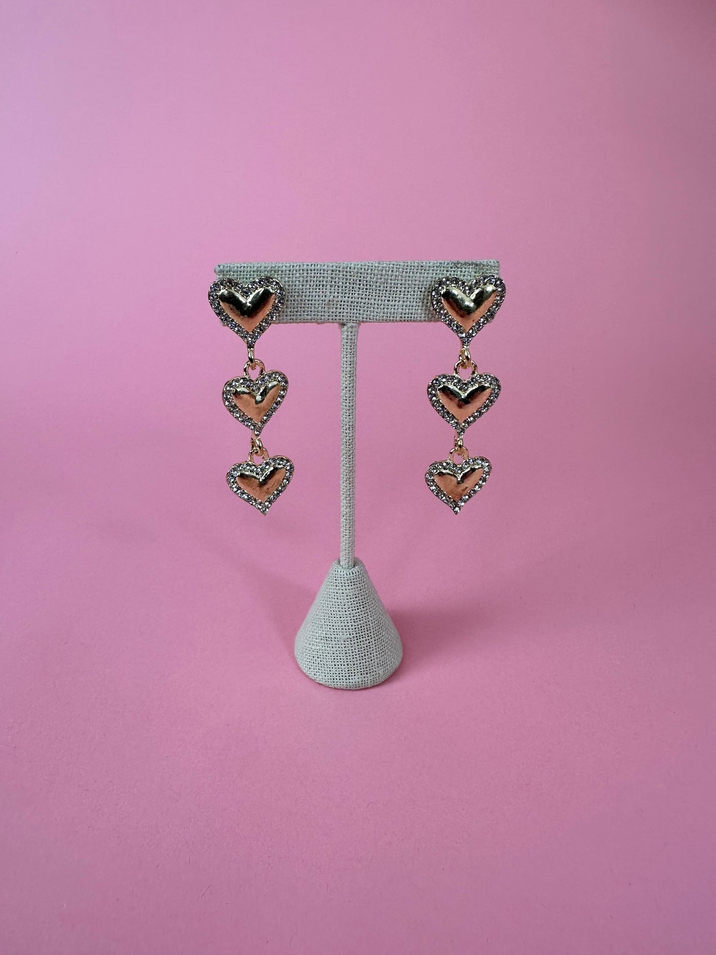 THREE HEART DANGLE EARRINGS W/RHINESTONES