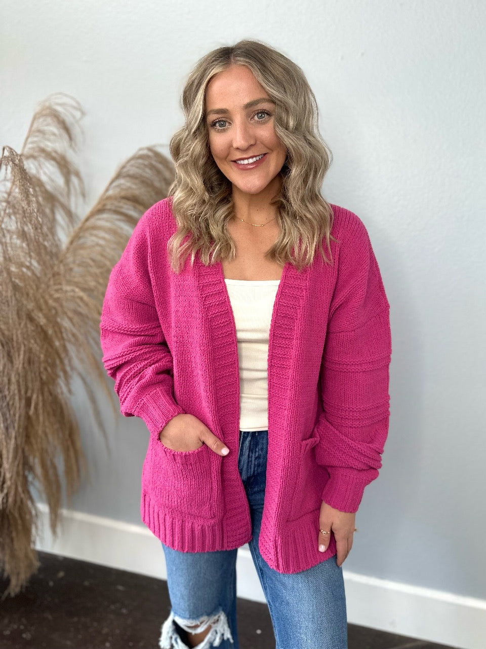 THICK COZY CHENILLE HOT PINK CARDIGAN