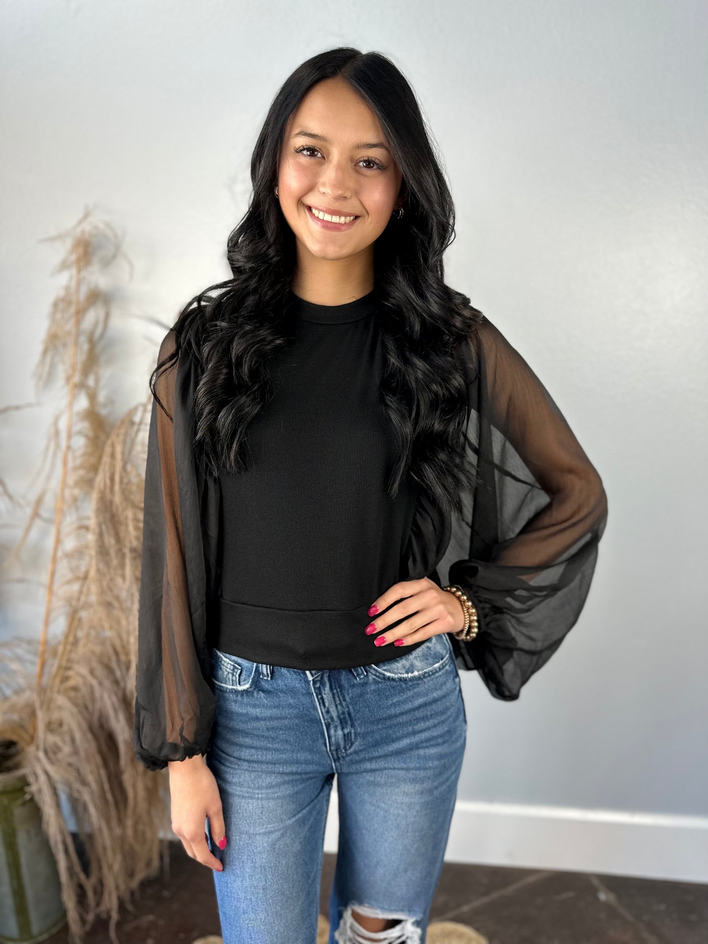 BLACK SHEER SLEEVE TOP