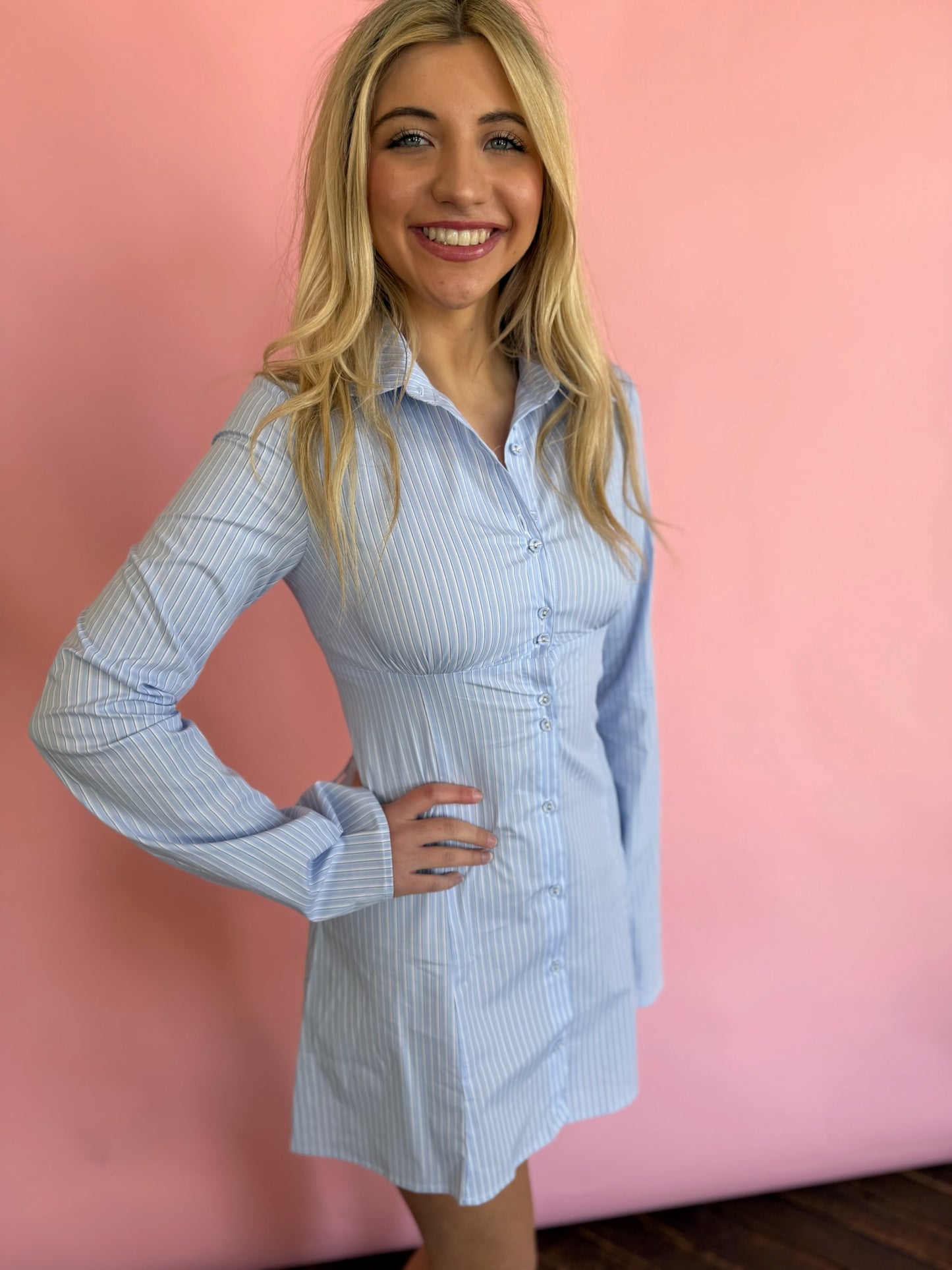BLUE PINSTRIPE SHIRT DRESS