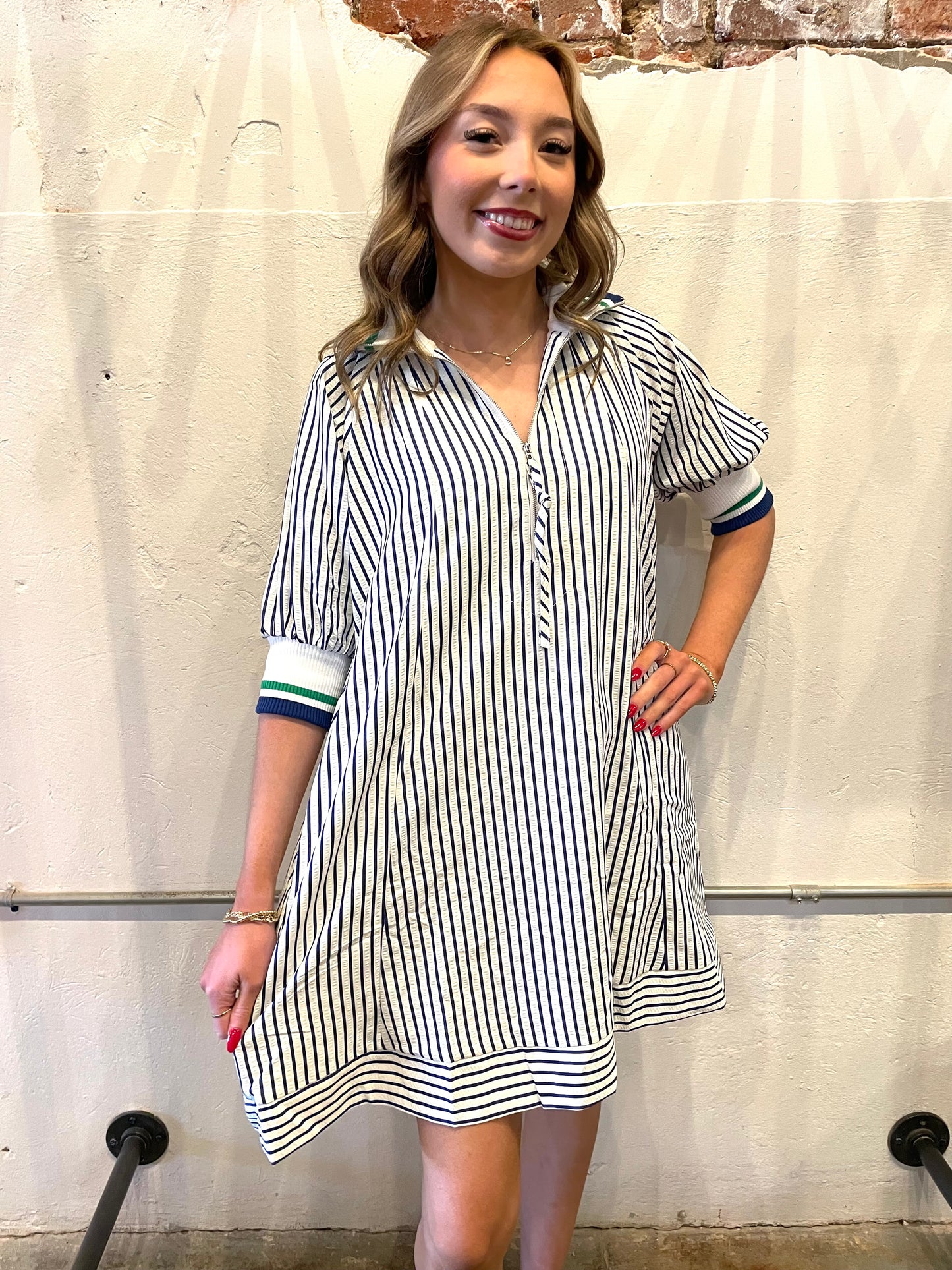 BLUE STRIPED SEERSUCKER DRESS