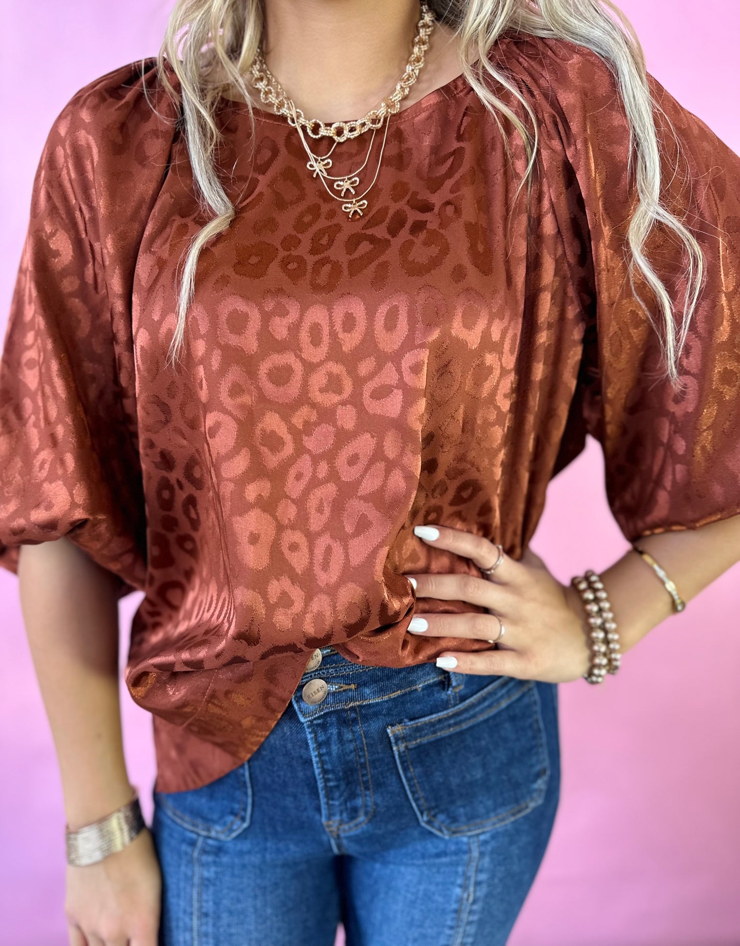 COPPER SATIN FEEL CHEETAH PUFF SLEEVE TOP
