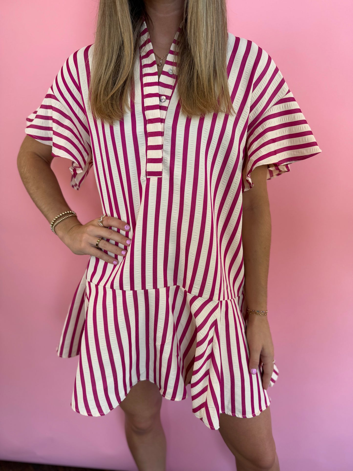 STRIPED HOT PINK BUTTON-UP DRESS