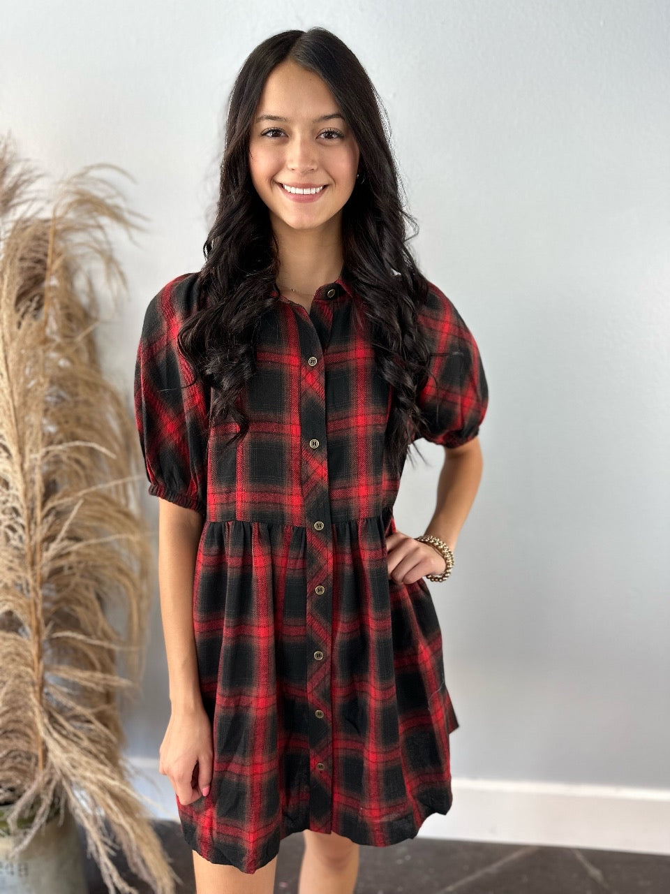 RED PLAID PUFF SLEEVE DRESS
