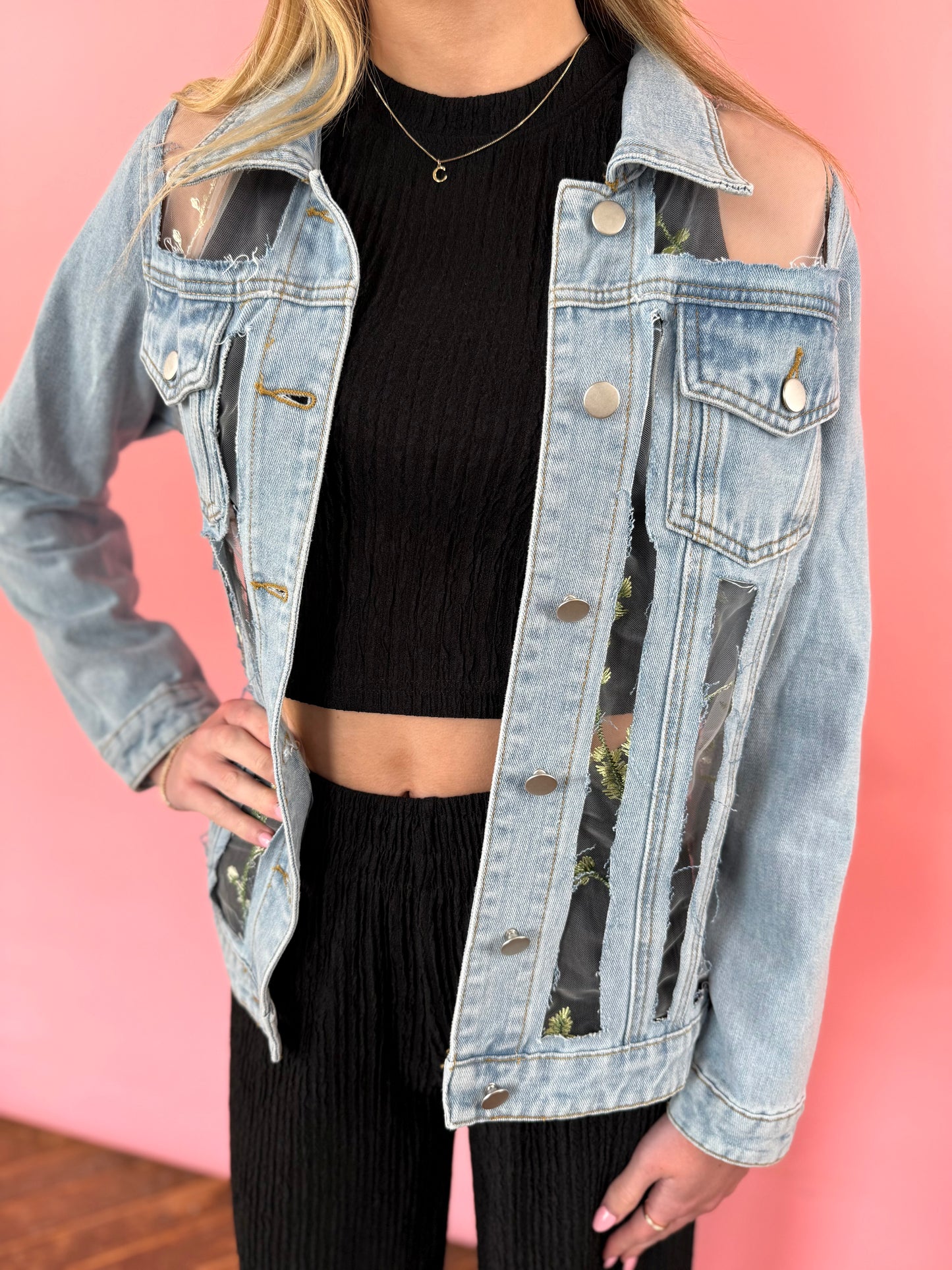 FLORAL MESH DENIM JACKET