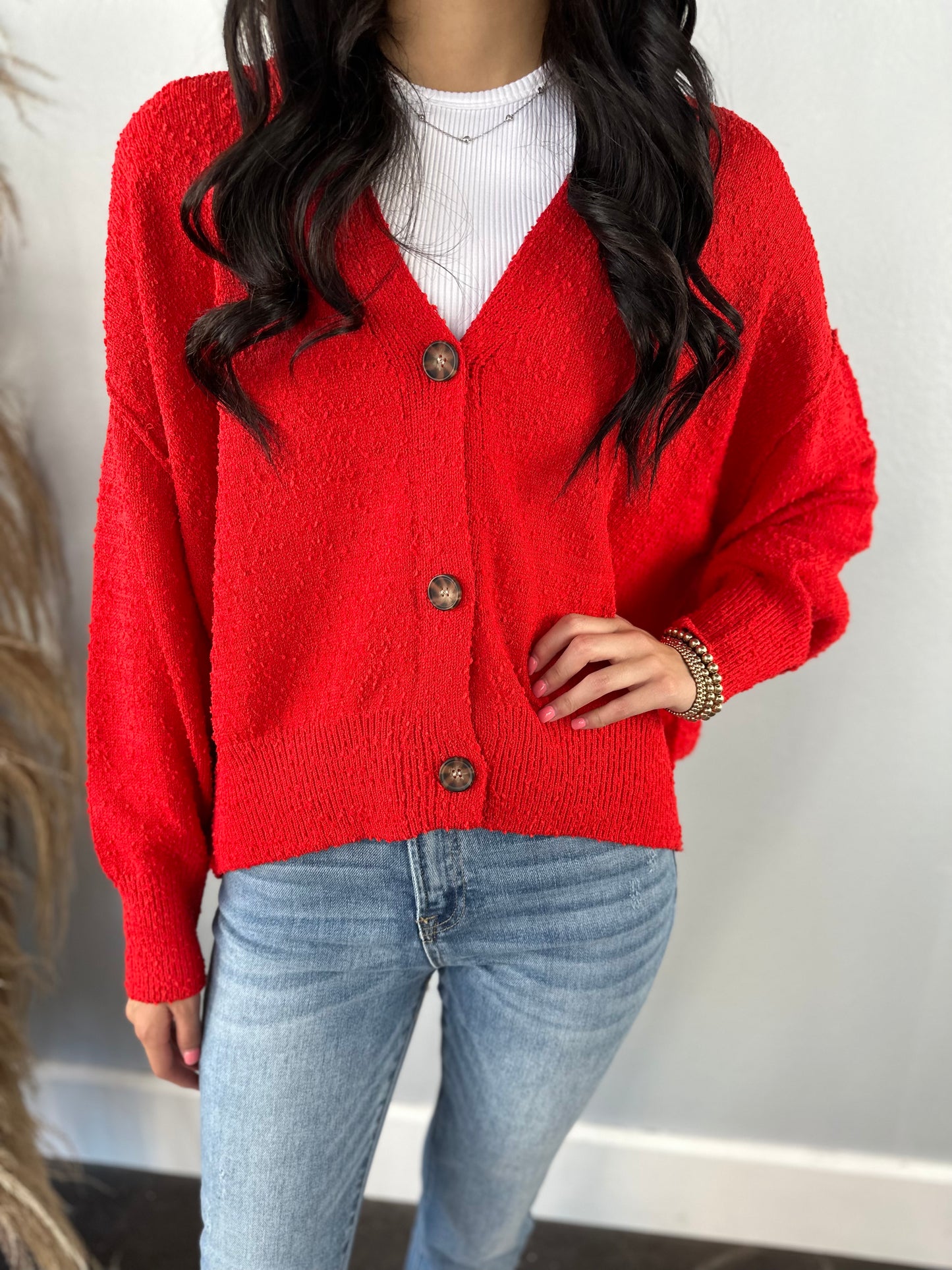 RED POPCORN 3 BUTTON SWEATER