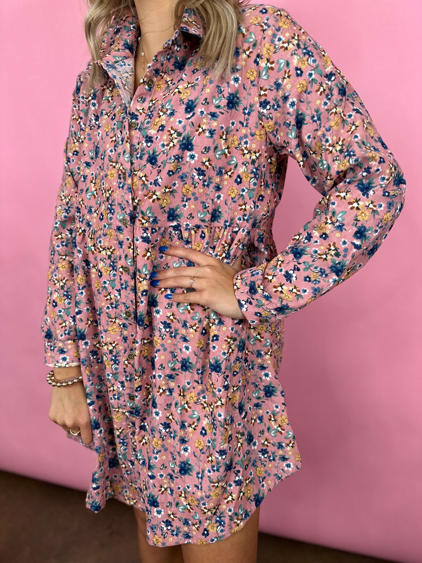 PINK FLORAL CORDUROY DRESS