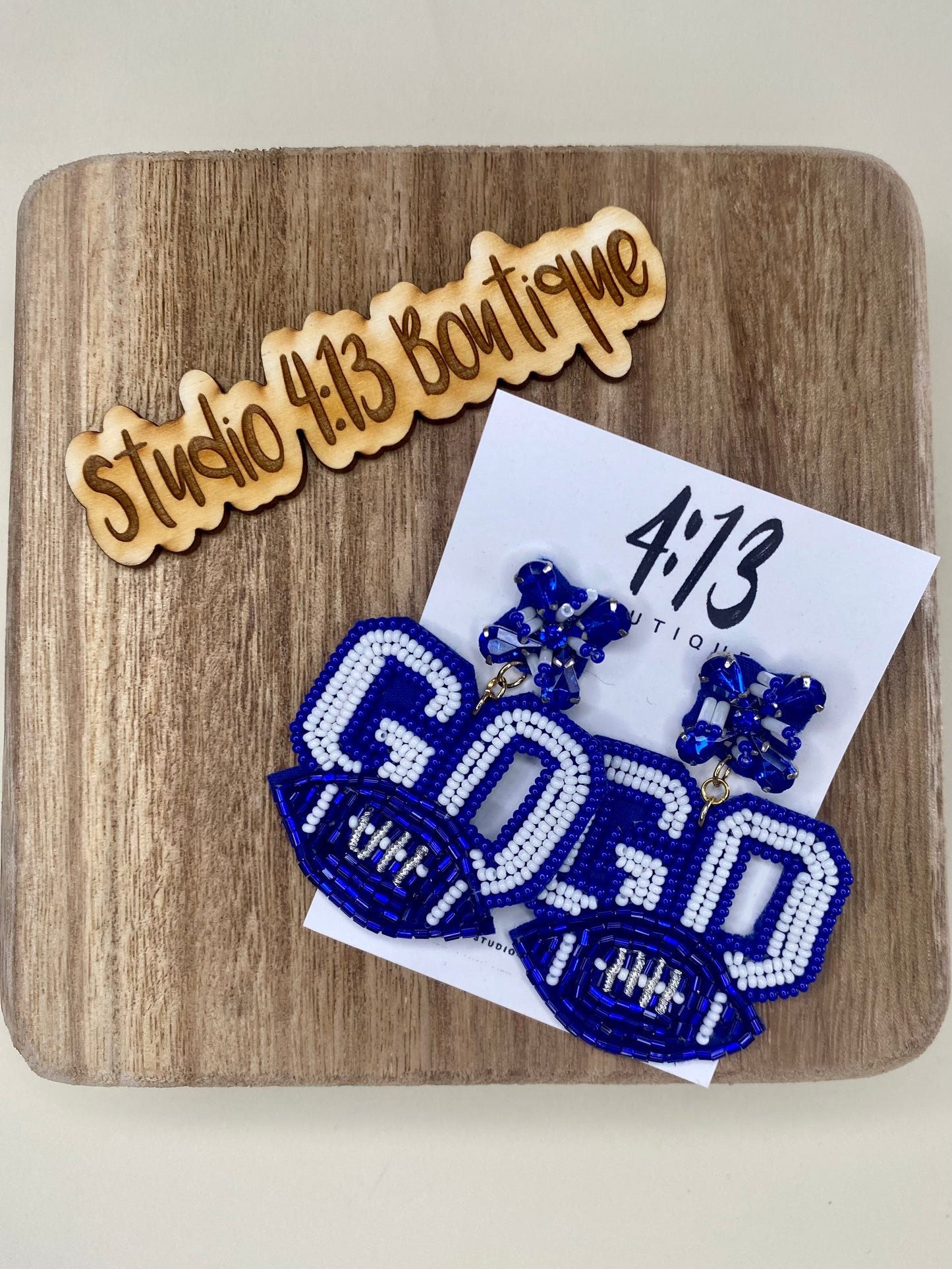 BLUE GO FOOTBALL BEADED EARRINGS