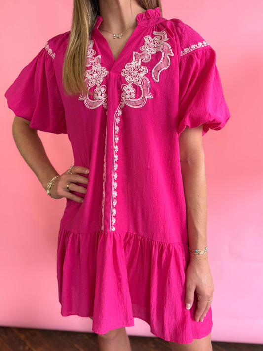 HOT PINK EMBROIDERED DRESS