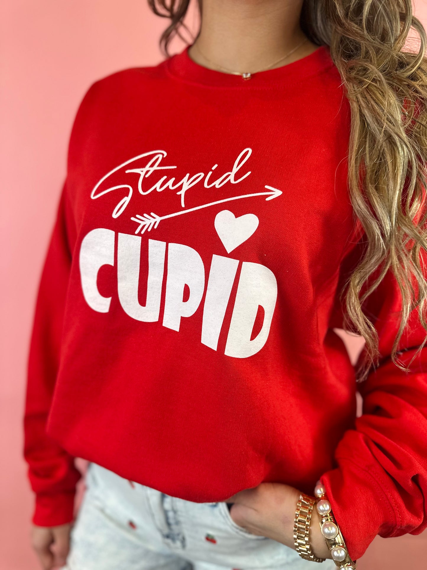 STUPID CUPID RED SWEATSHIRT