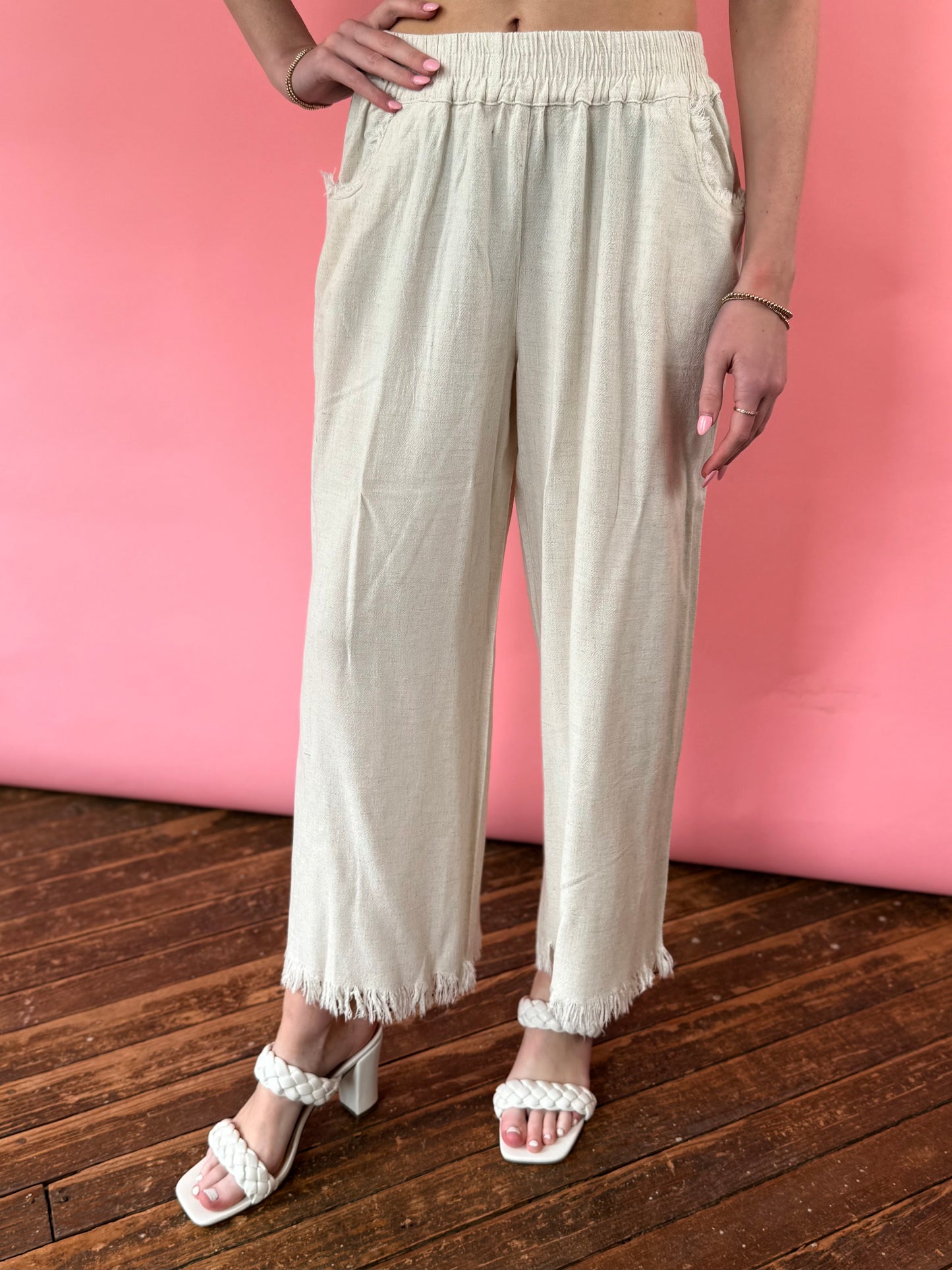 TAN LINEN CROP PANT