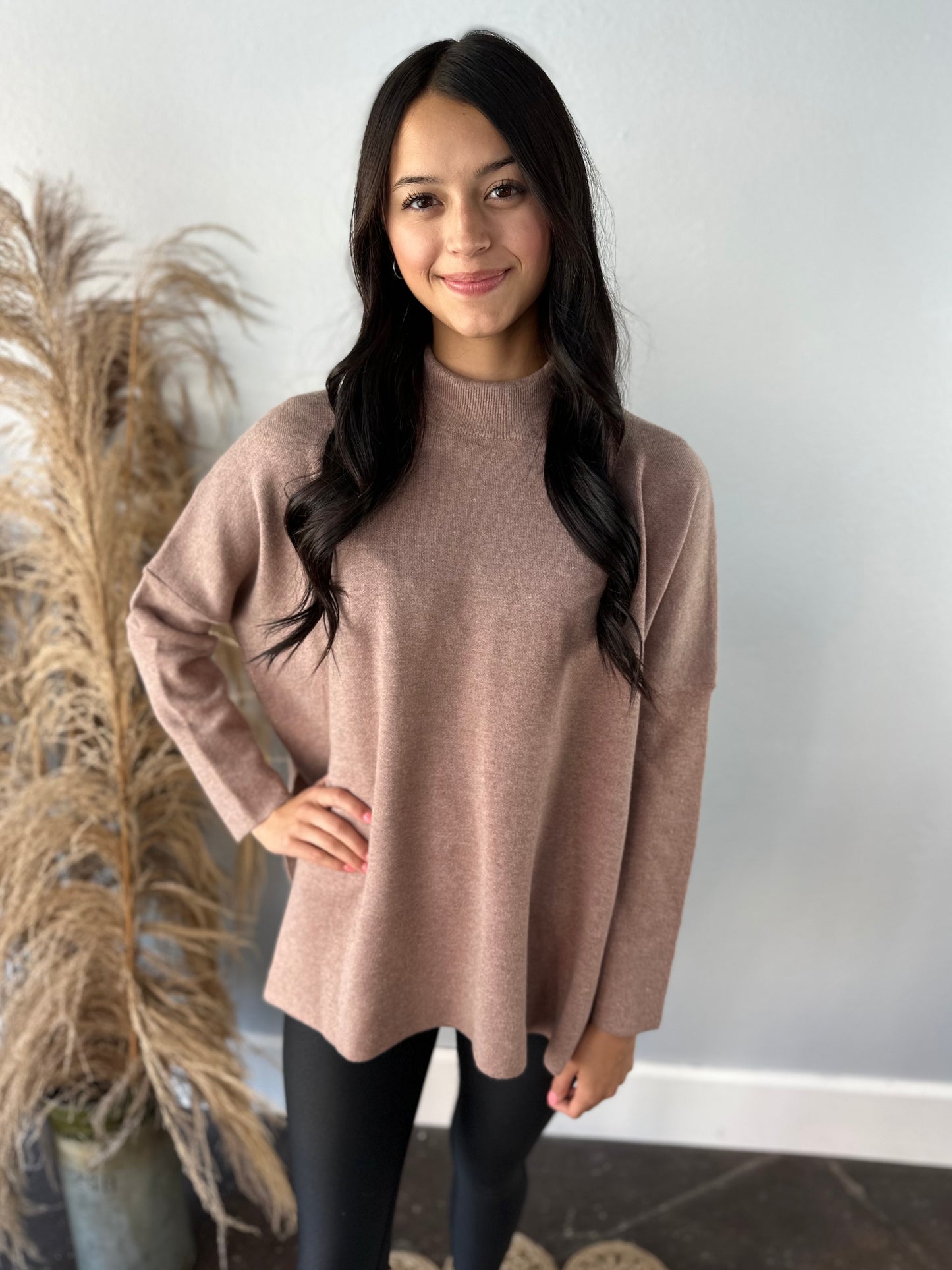 LATTE CASHMERE FEELS SWEATER W/ SIDE SLITS