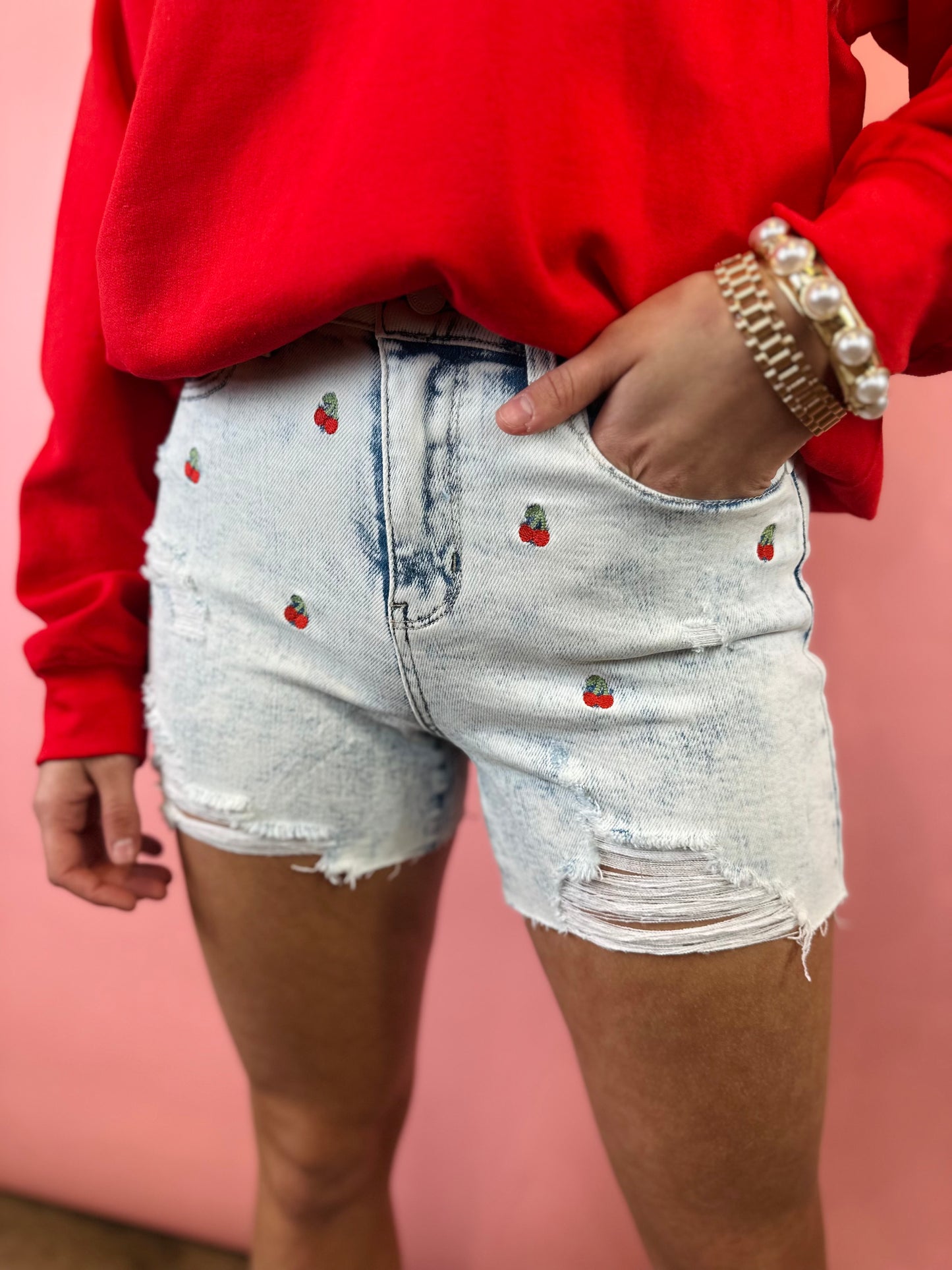 CHERRY DENIM SHORTS